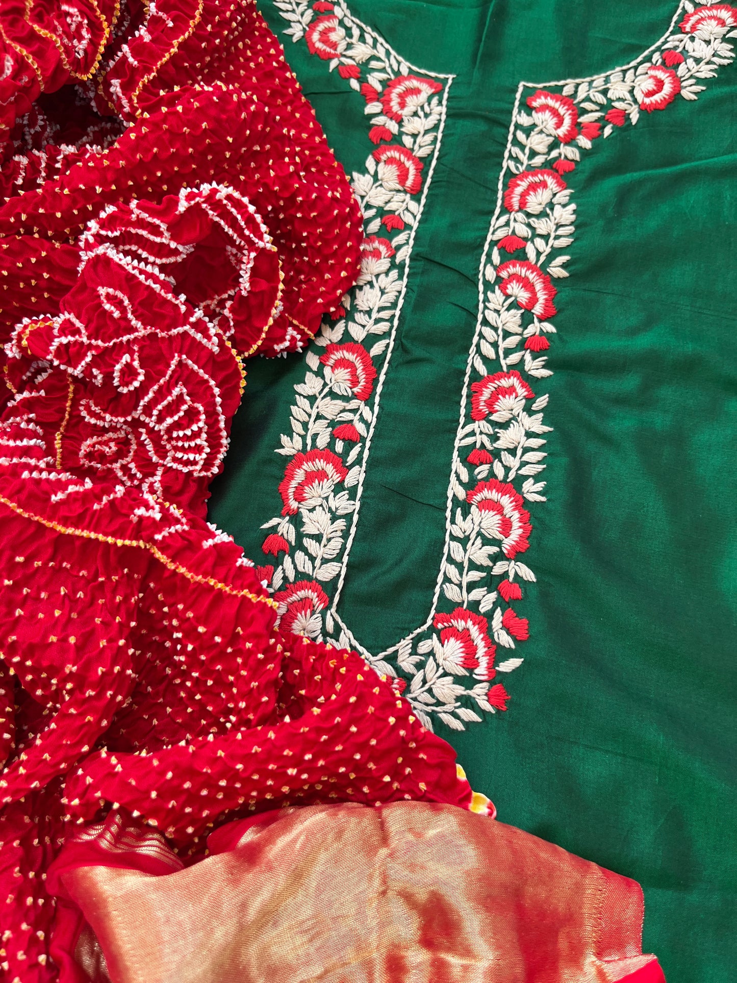 Silk thread work kurta fabric with Bandhani dupatta