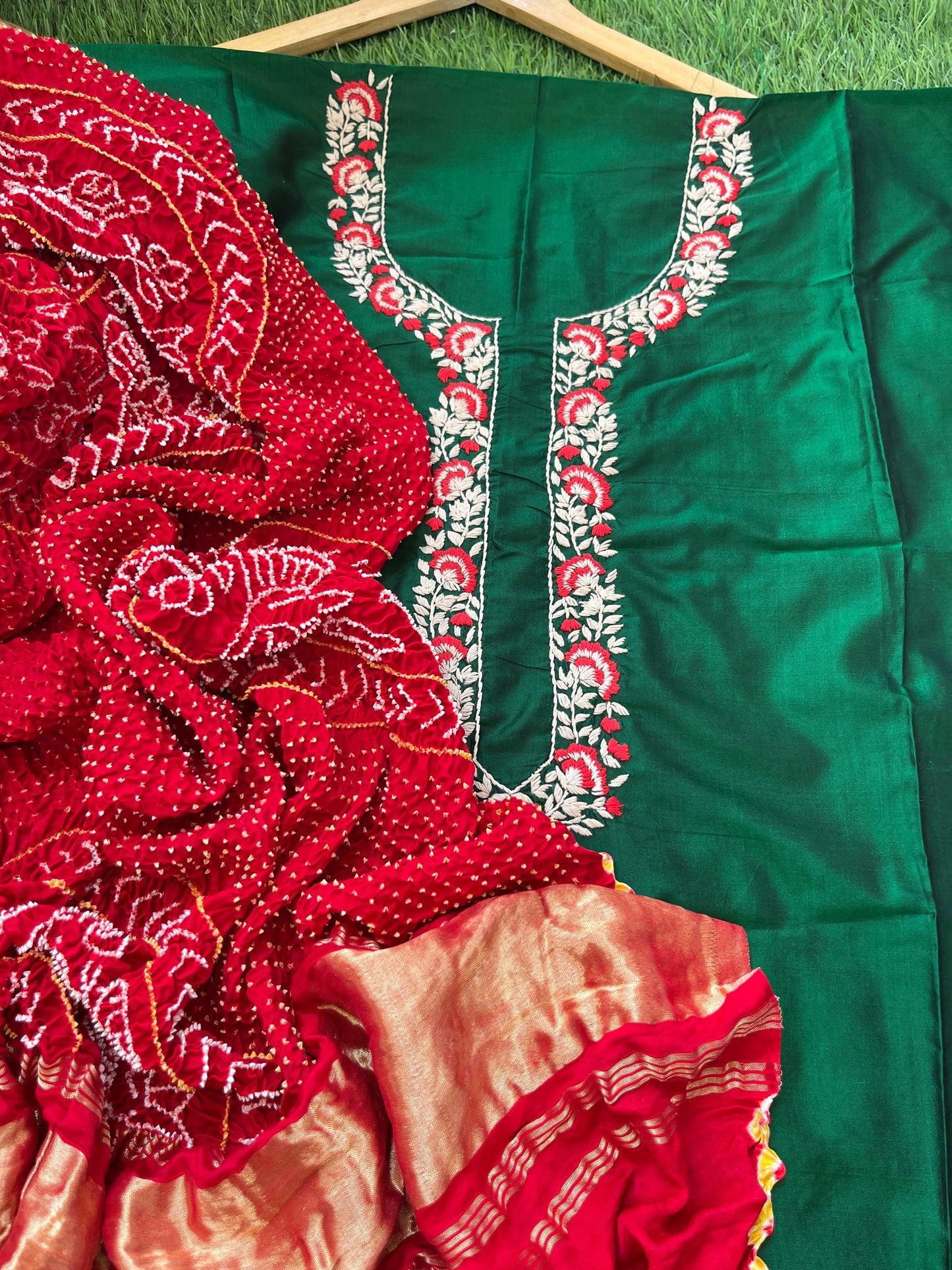 Silk thread work kurta fabric with Bandhani dupatta