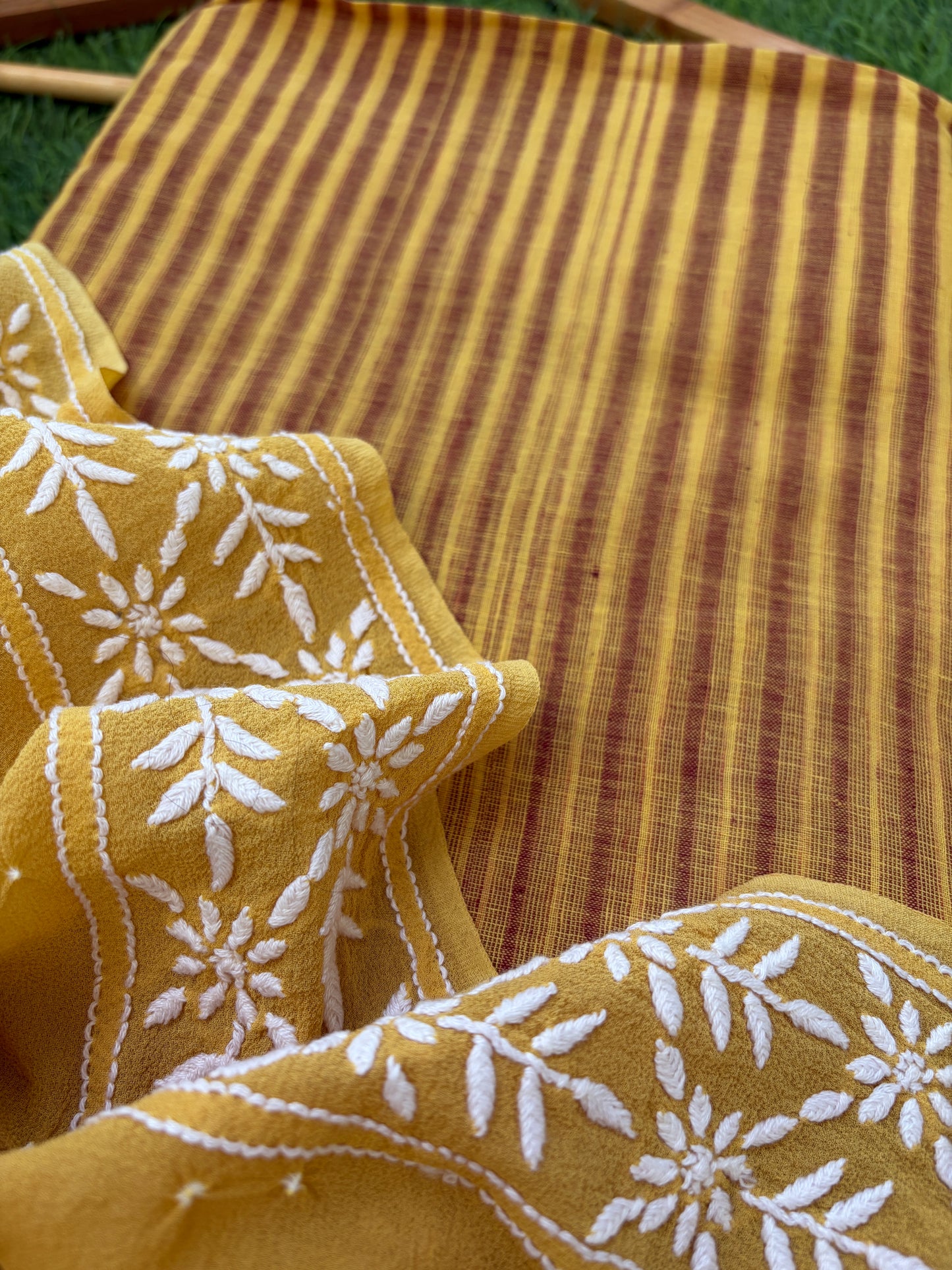 Khadi kurta bottom pure georgette chikankari bandhani dupatta