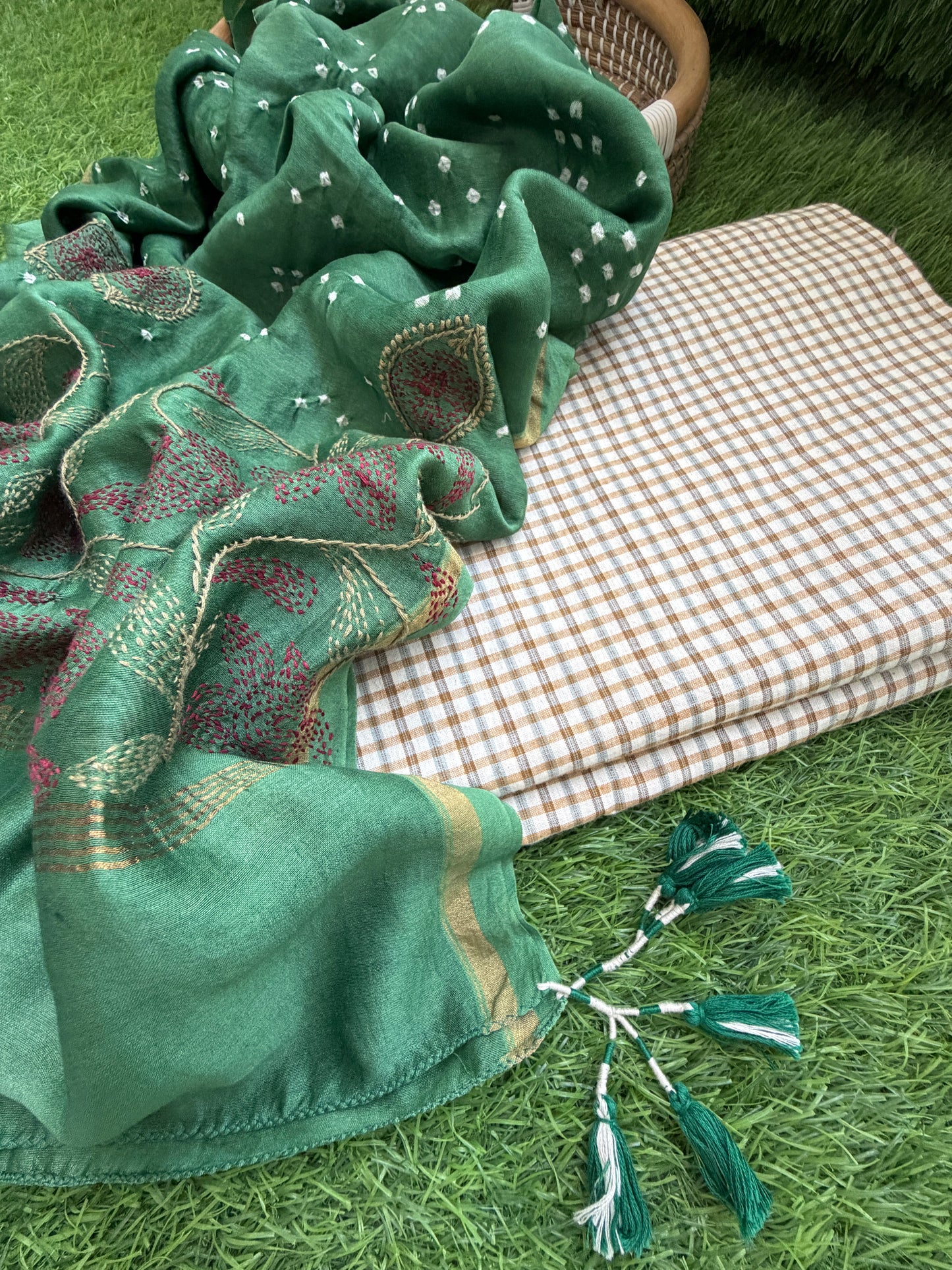 Khadi check kurta bottom pure chanderi bandhani chikankari dupatta