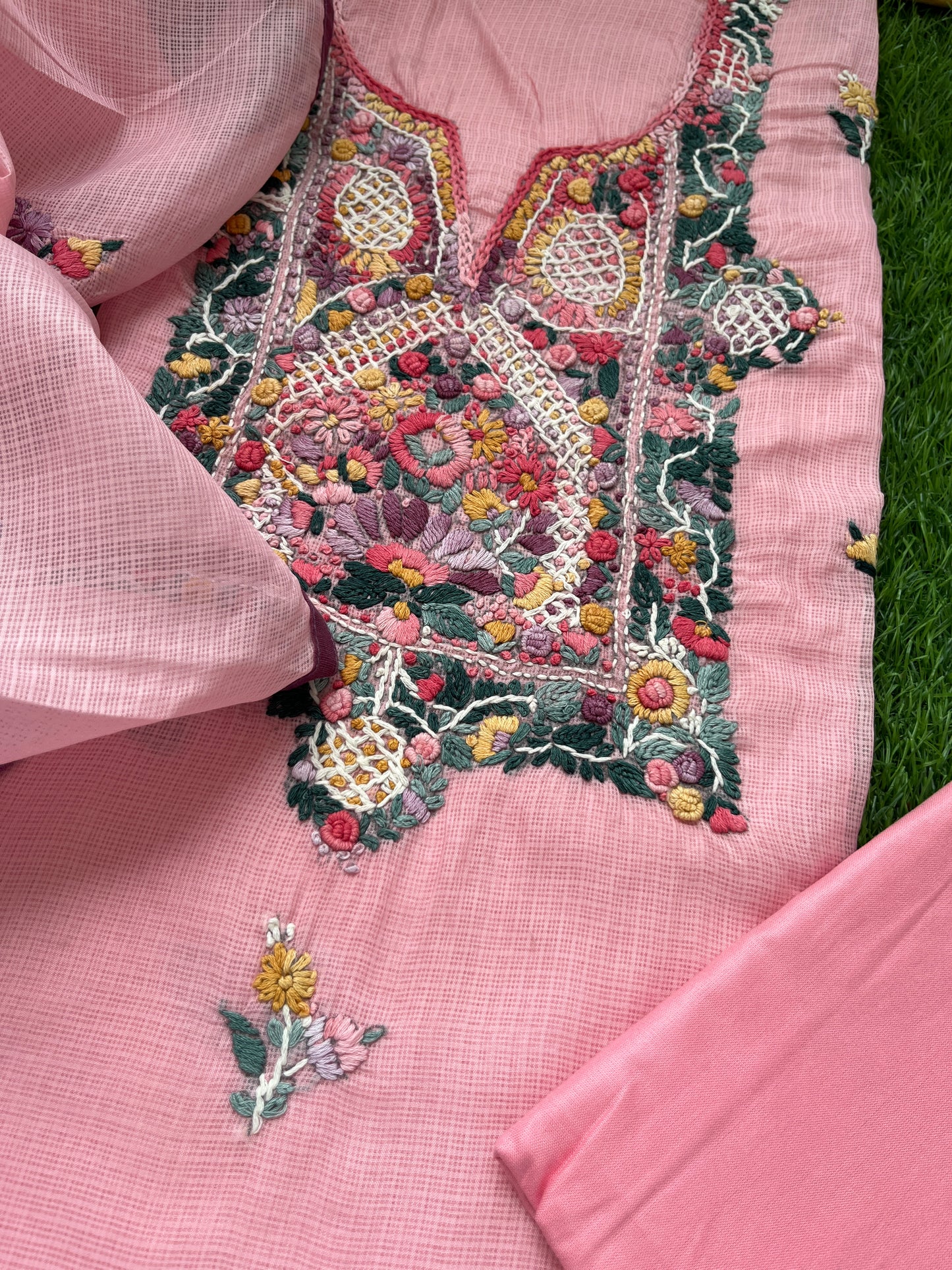 Kota hand embroidered kurta dupatta and plain bottom fabric
