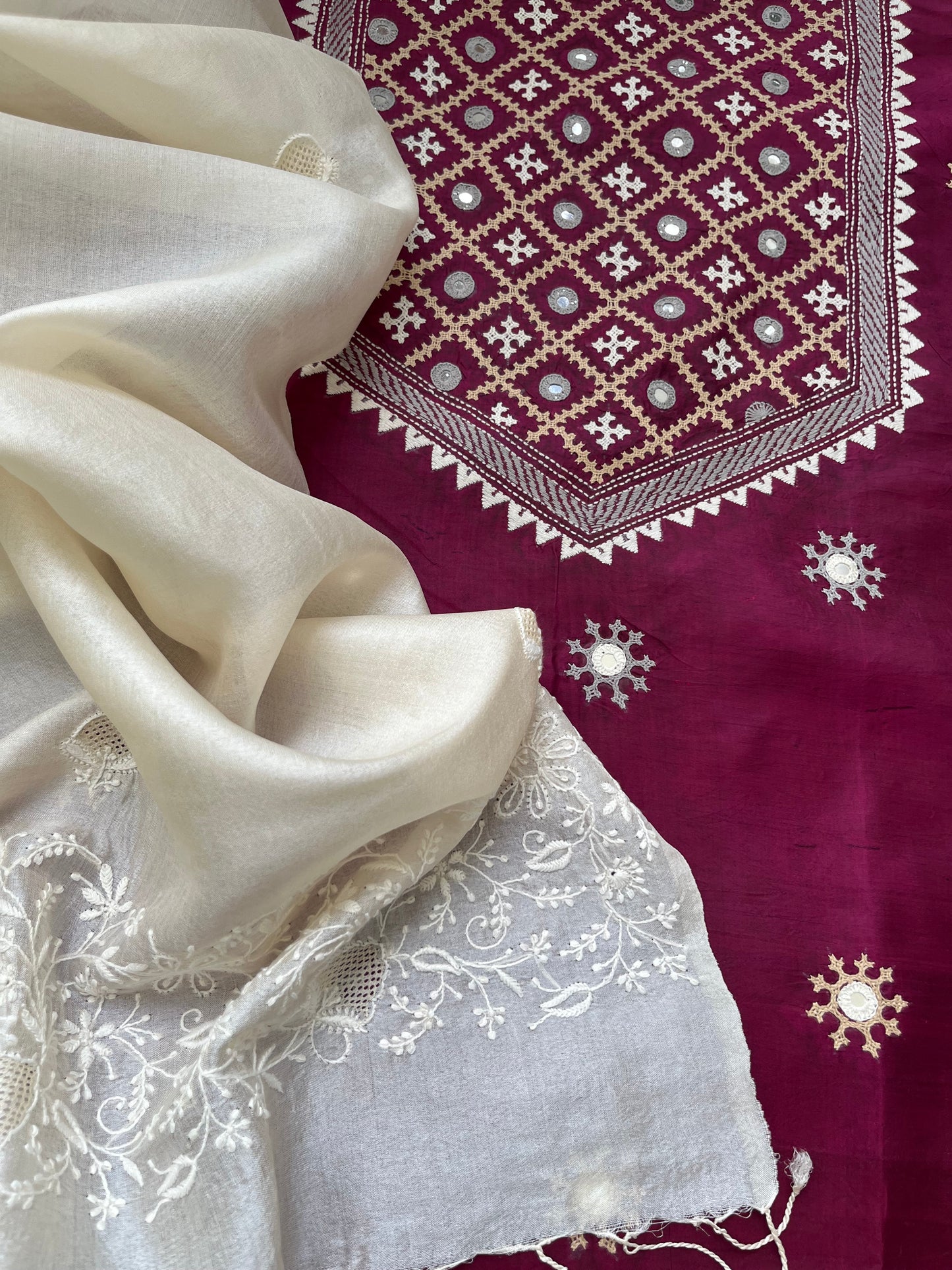Silk sindhi work kurta fabric with silk chikankari dupatta