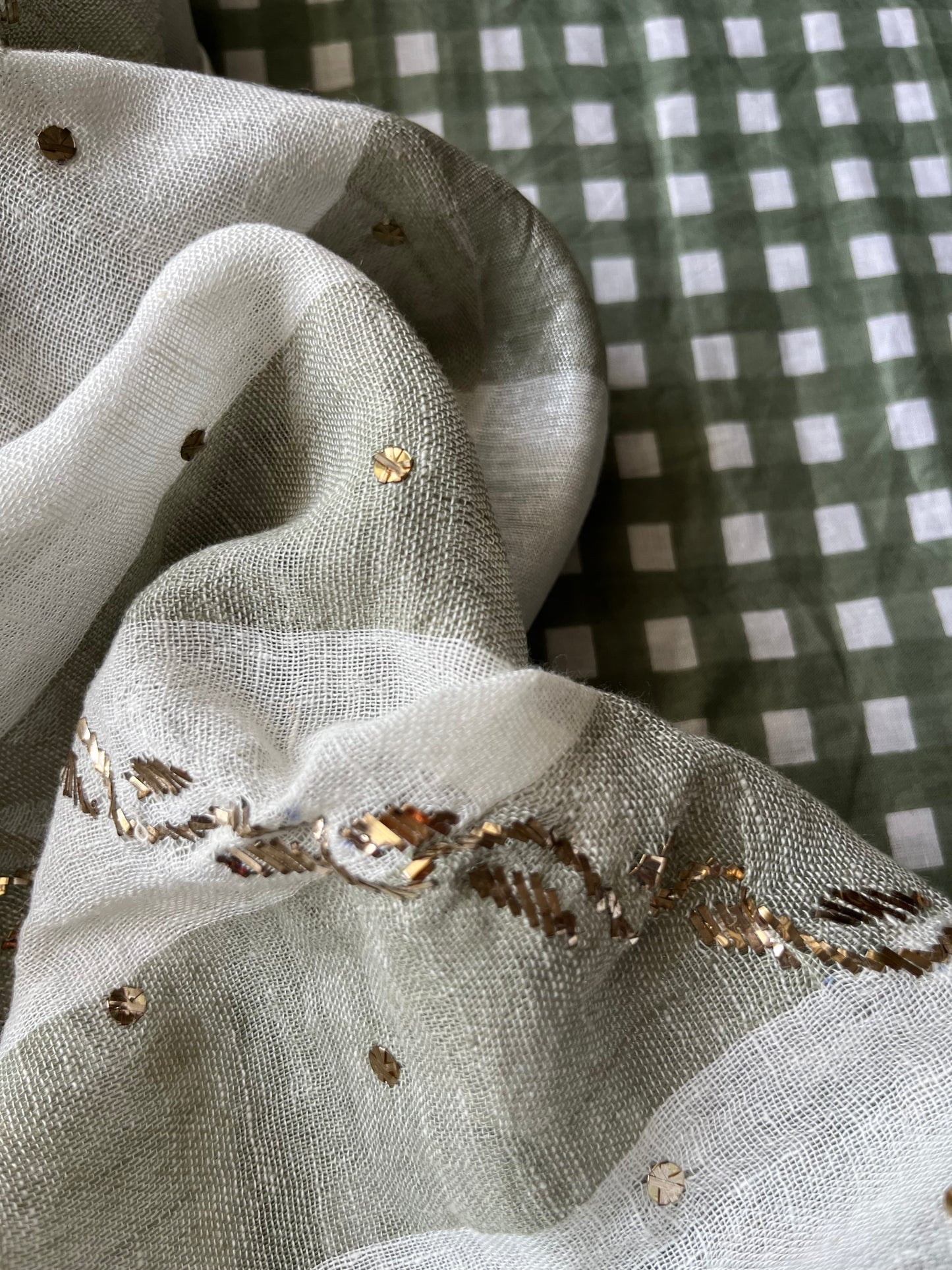 Linen Mukaish work Dupatta check fabric