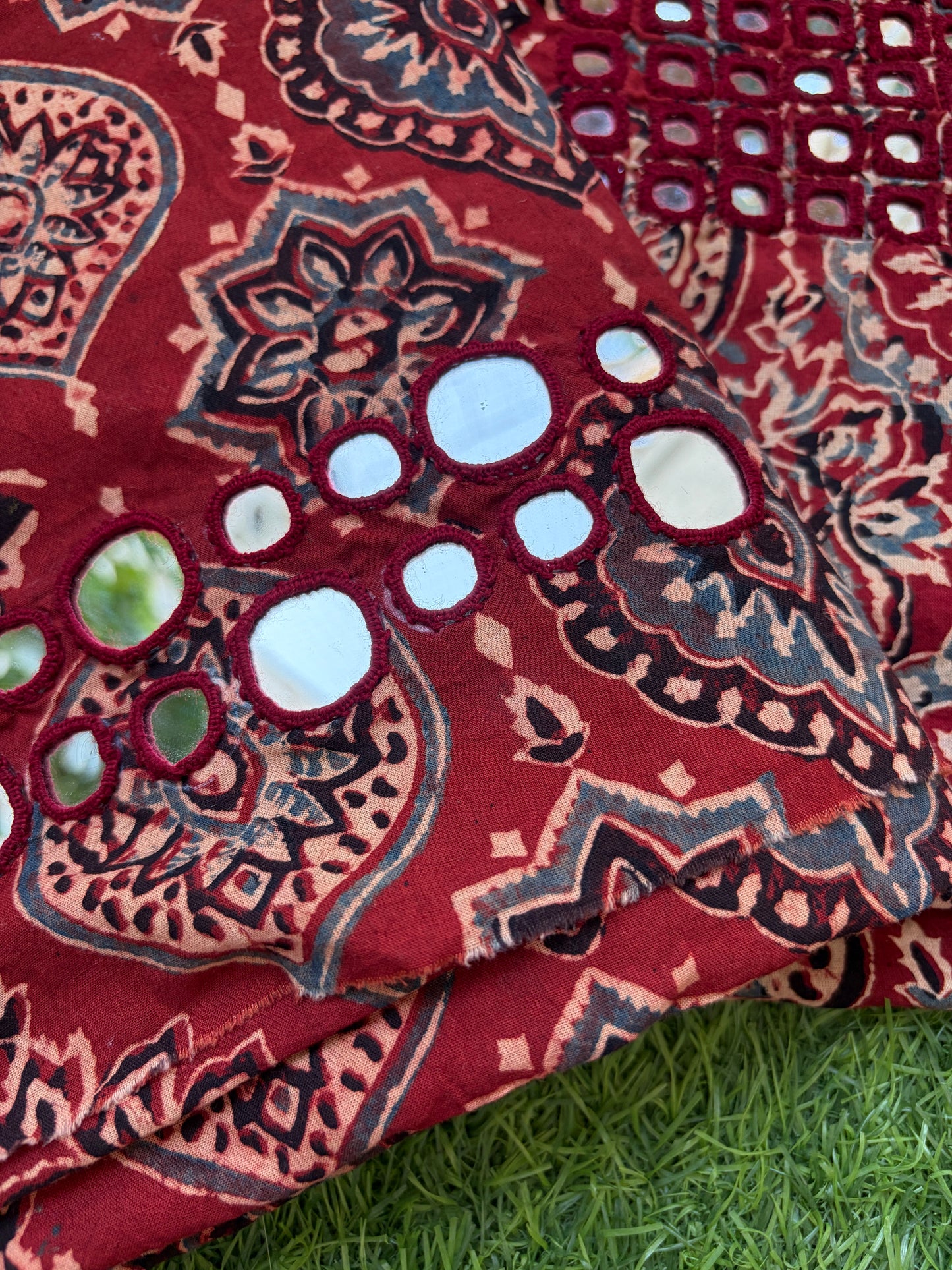 Ajrakh Cotton Mirror work kurta Bottom Dupatta