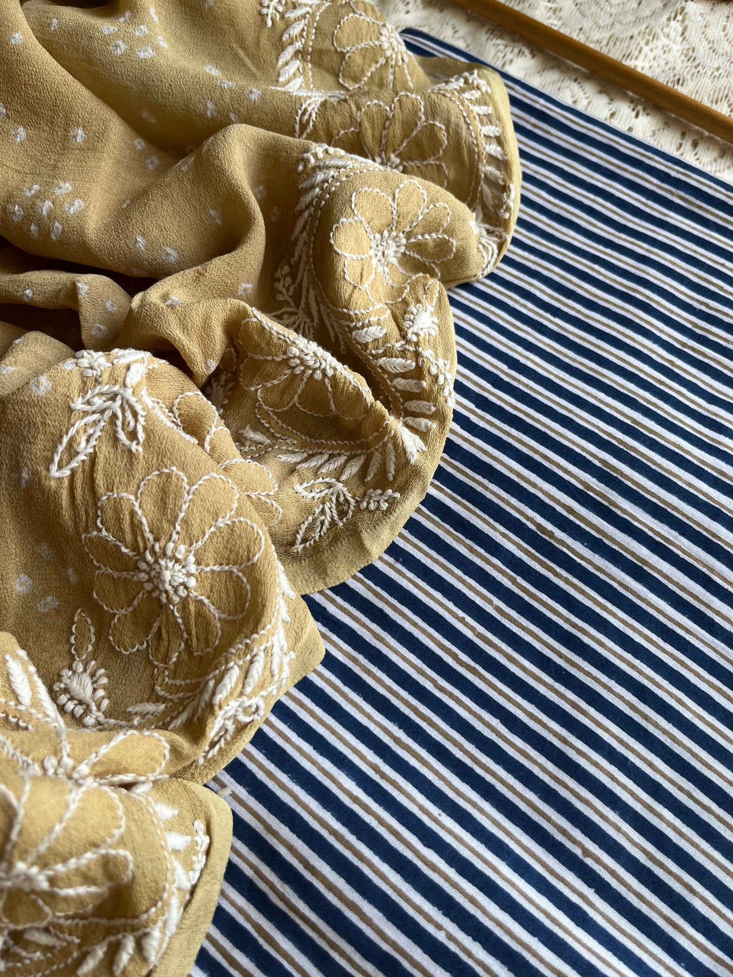 Cotton kurta bottom pure georgette chikankari bandhani dupatta