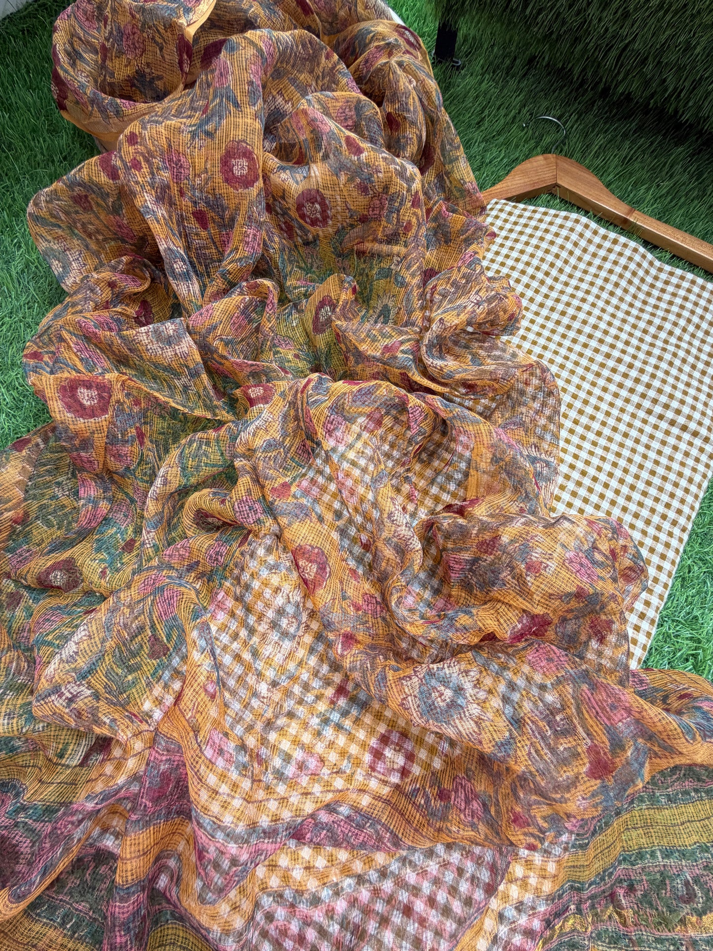 Khadi cotton check kurta bottom fabric kota dupatta
