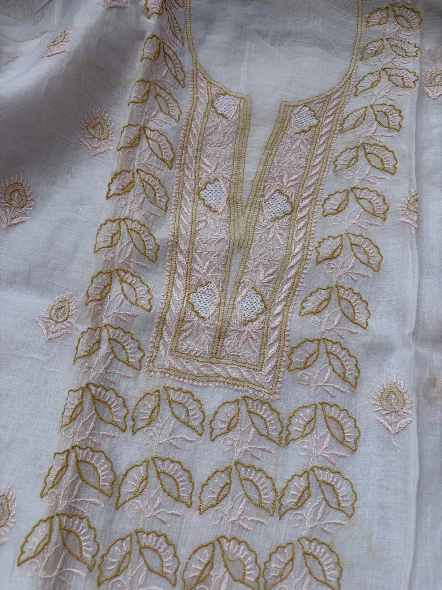 Semi stitched Chanderi Chikankari Kurta Dupatta