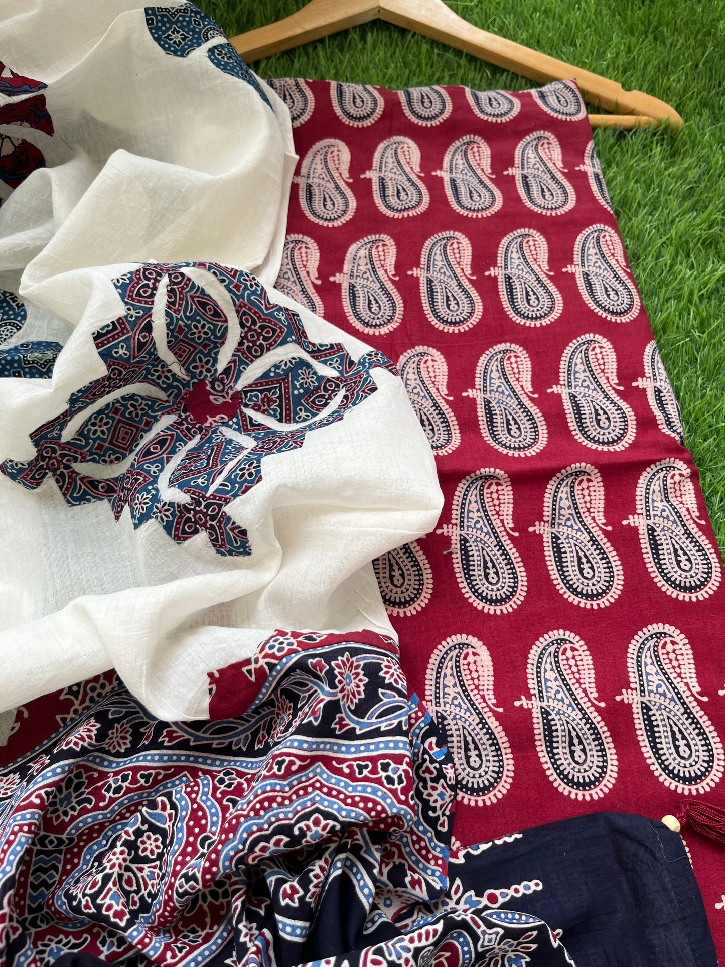 Cotton ajrakh kurta applique work dupatta set