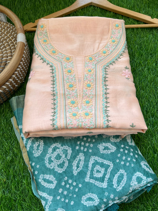 Hand embroidered chanderi kurta bandhani dupatta