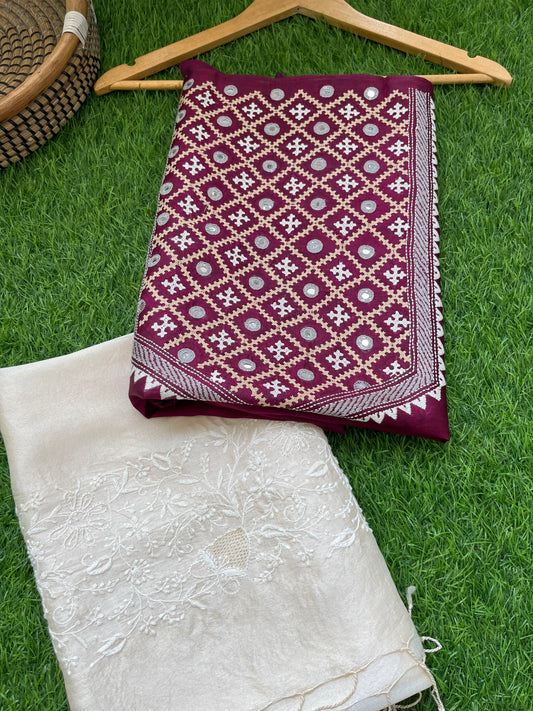 Silk sindhi work kurta fabric with silk chikankari dupatta