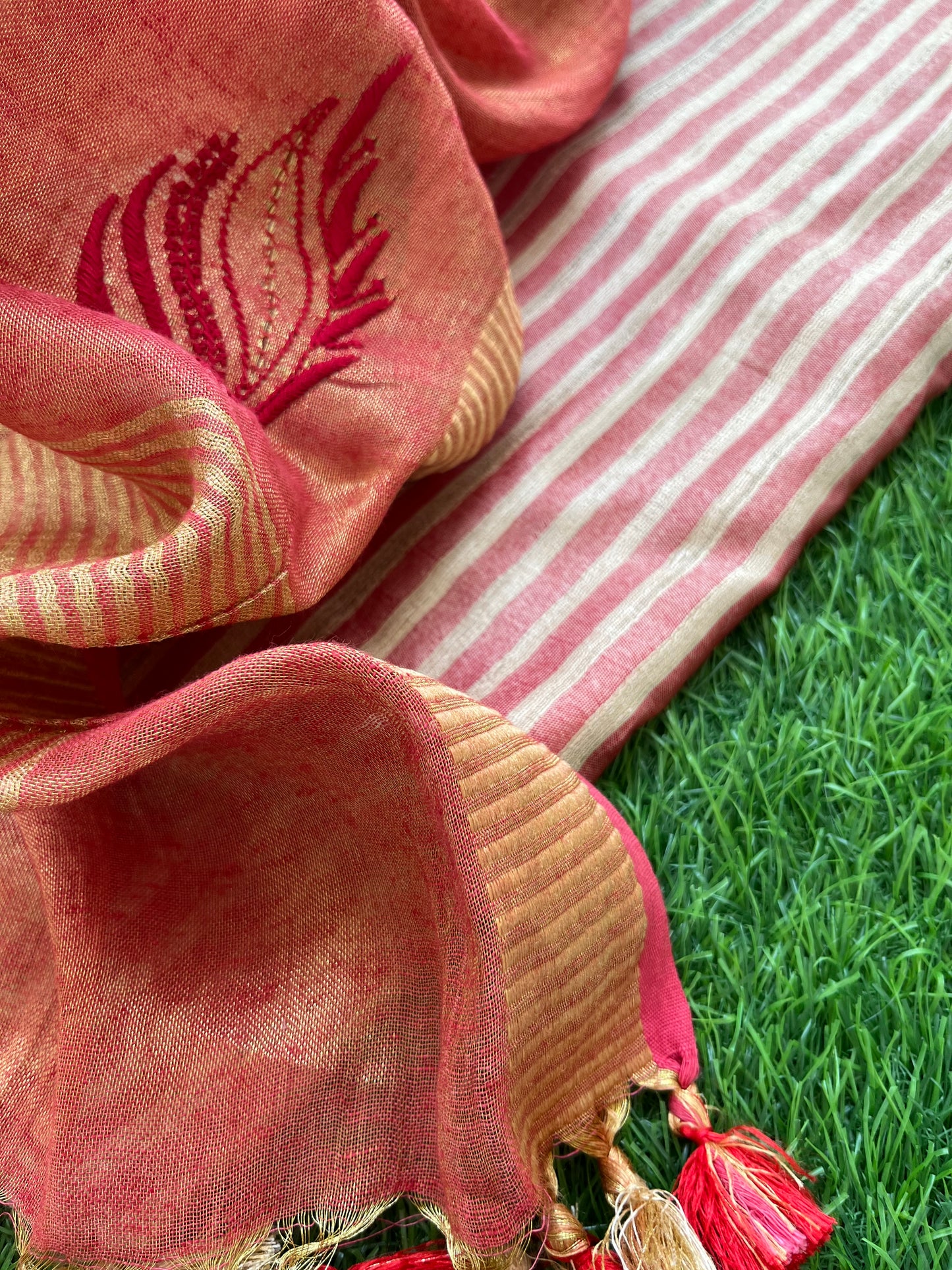 Striped silk kurta bottom fabric linen tissue chikan work dupatta