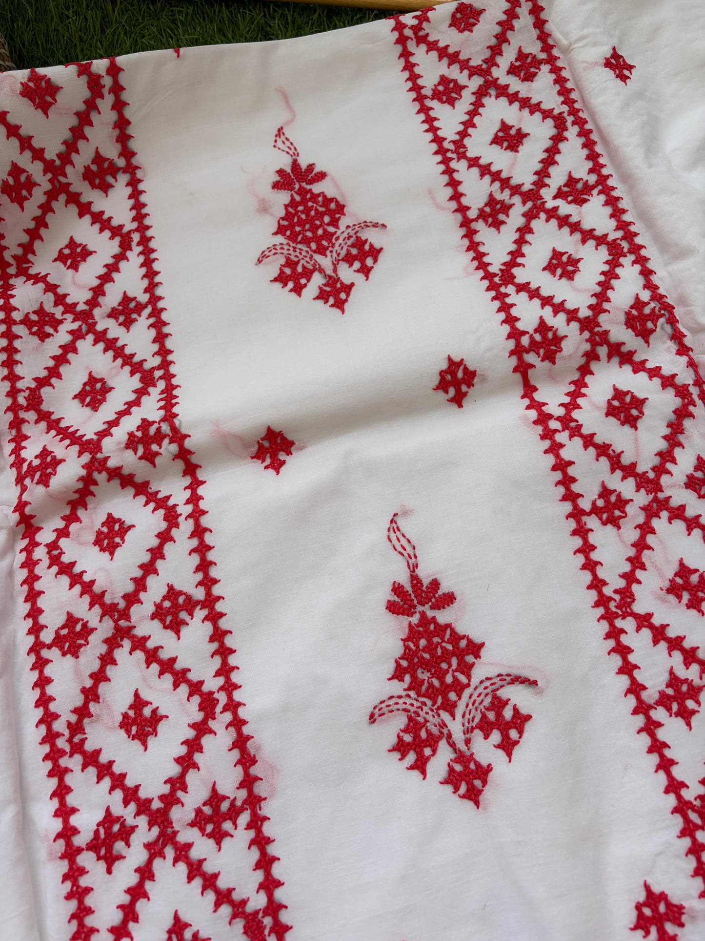 Cotton sindhi work kurta fabric with linen chikankari dupatta