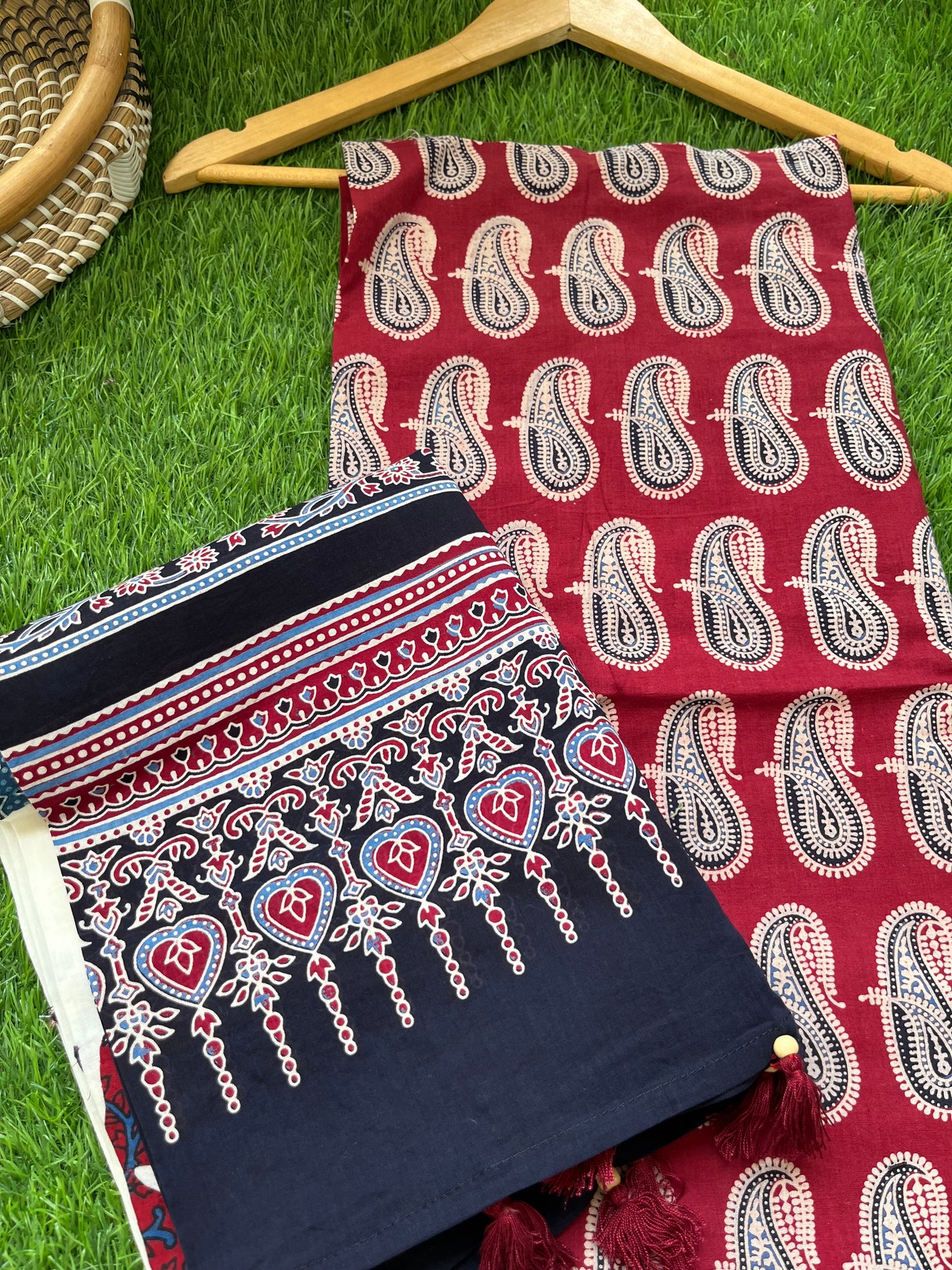 Cotton ajrakh kurta applique work dupatta set