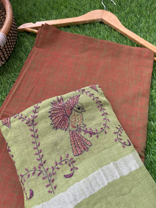 Linen sozni kaam dupatta paired with cotton kurta fabric