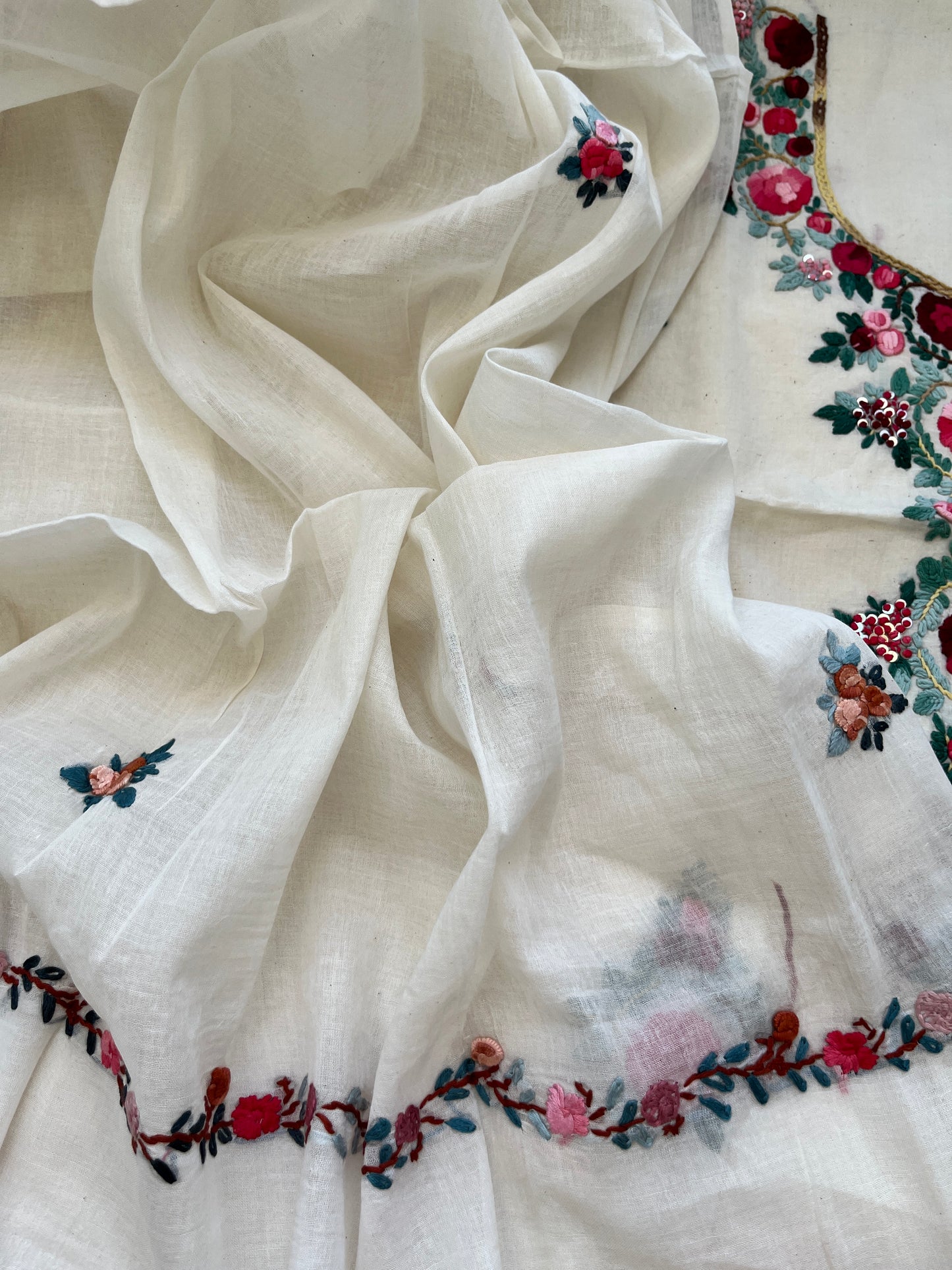 Handwoven Cotton knot work embroidered kurta dupatta and plain bottom fabric
