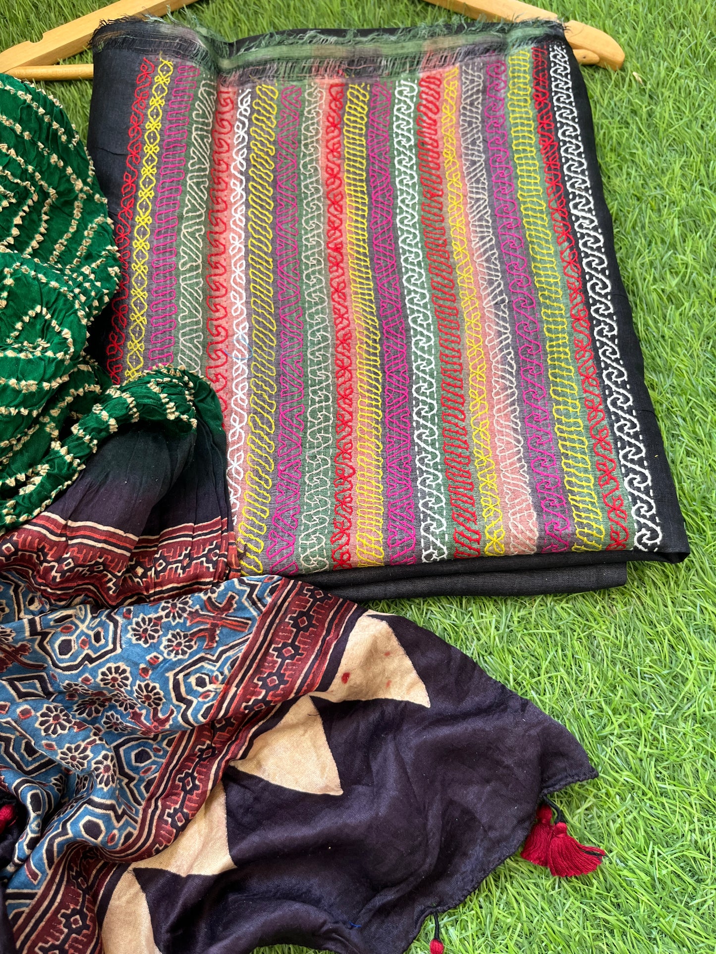 Silk kantha work kurta fabric with Bandhani ajrakh dupatta
