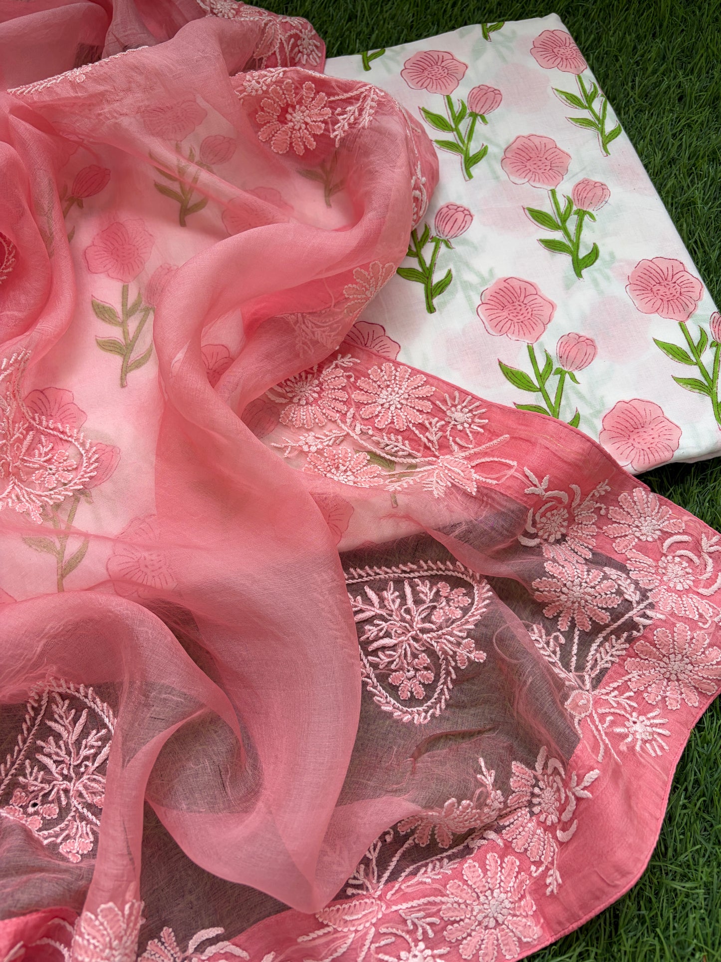 cotton print kurta bottom fabric organza chikan work dupatta