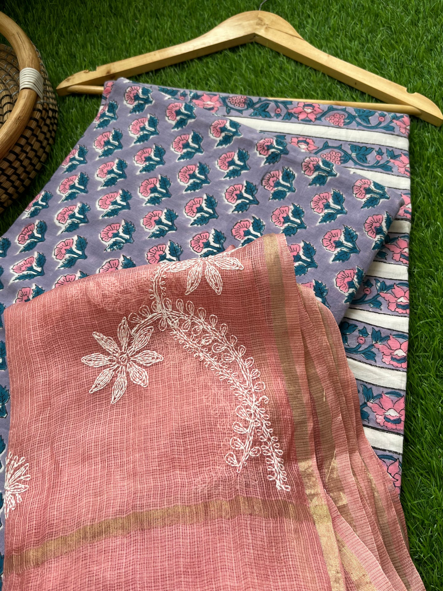 Kota silk Chikankari Dupatta with cotton kurta bottom Fabric