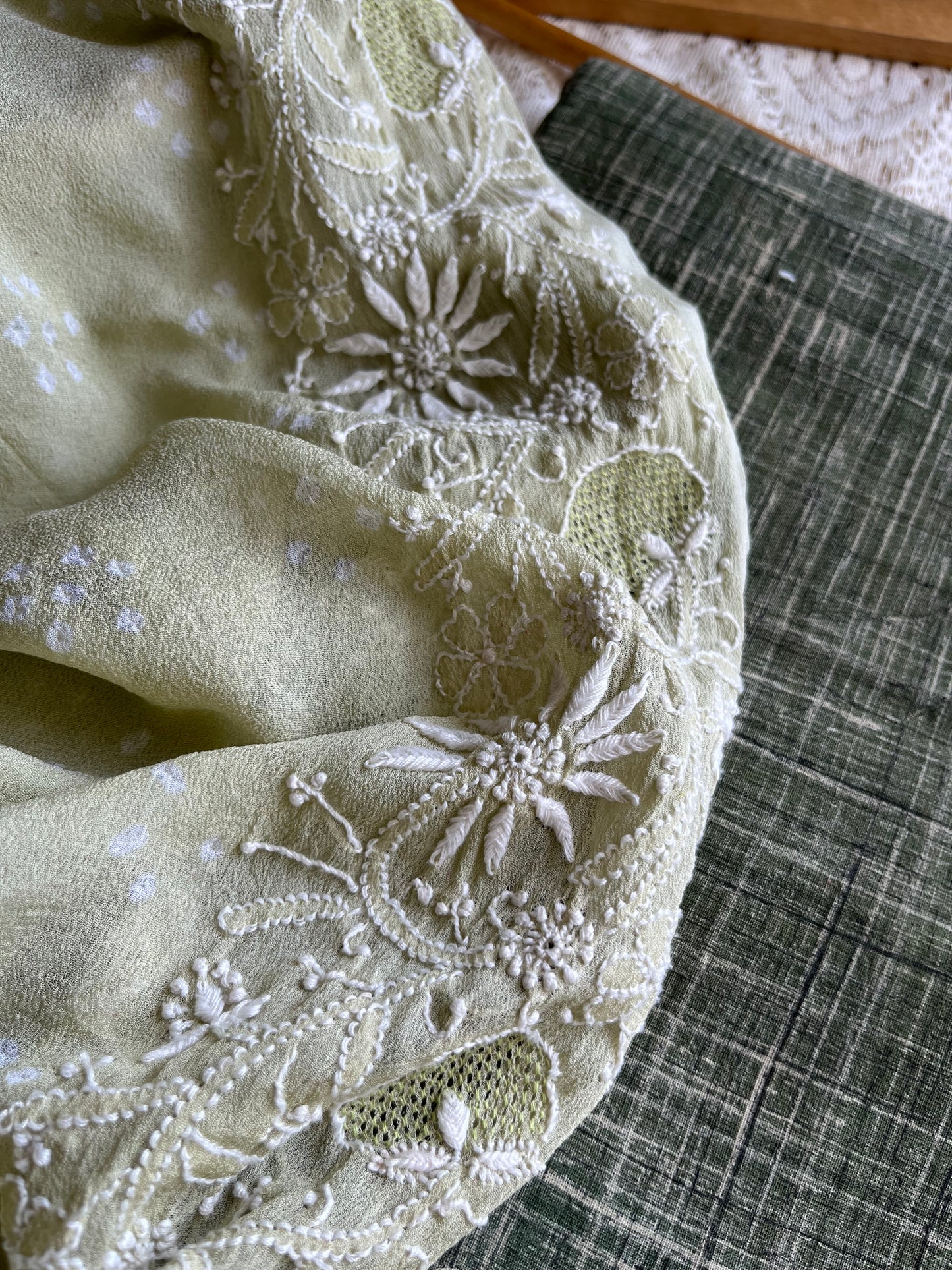 Cotton kurta bottom pure georgette chikankari bandhani dupatta