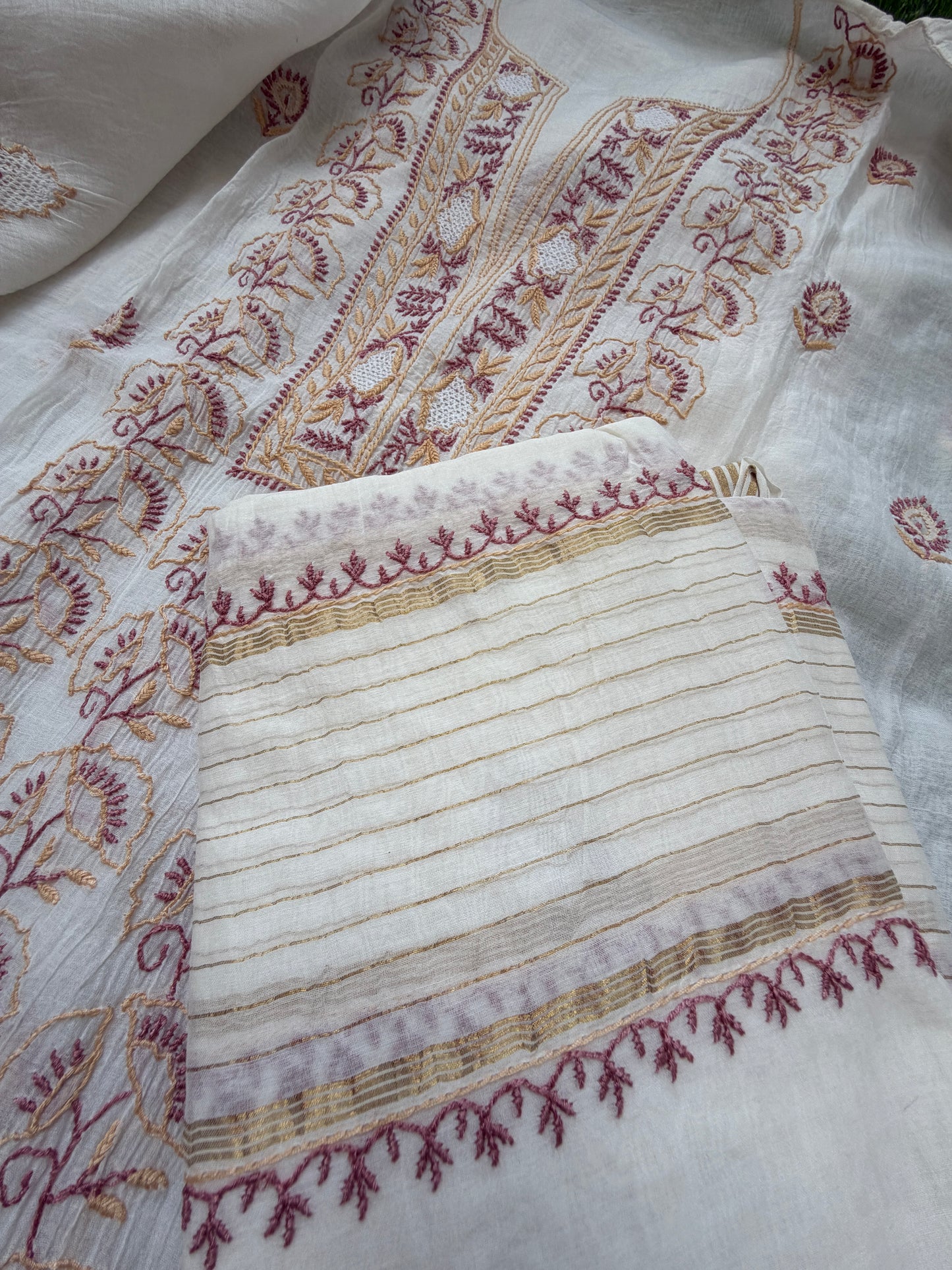 Semi stitched Chanderi Chikankari Kurta Dupatta