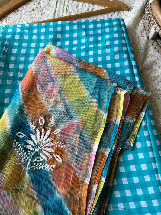 Cotton check kurta bottom fabric kota doria chikan work dupatta