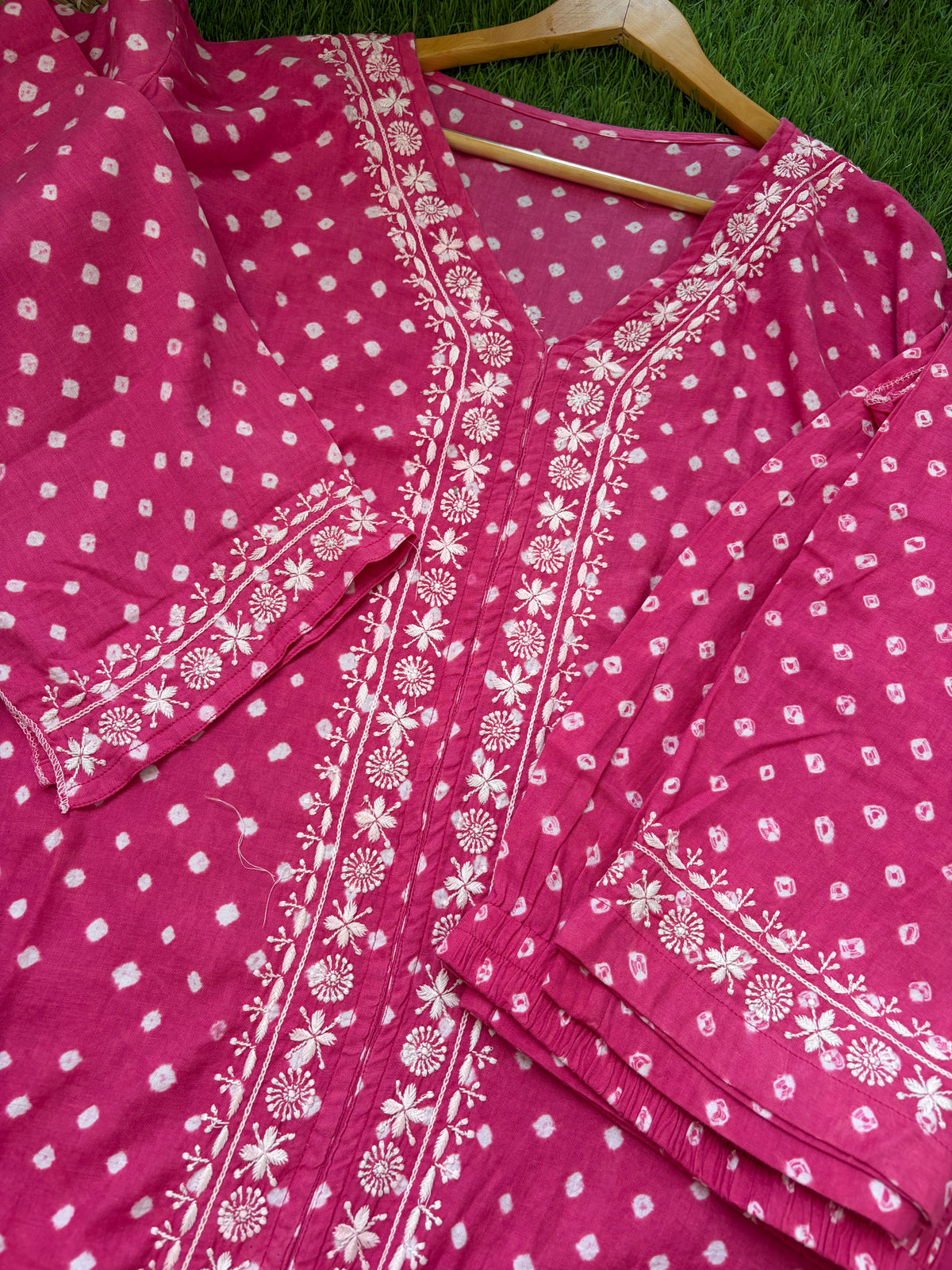 Cotton Bandhani chikan shirt and a-bottom