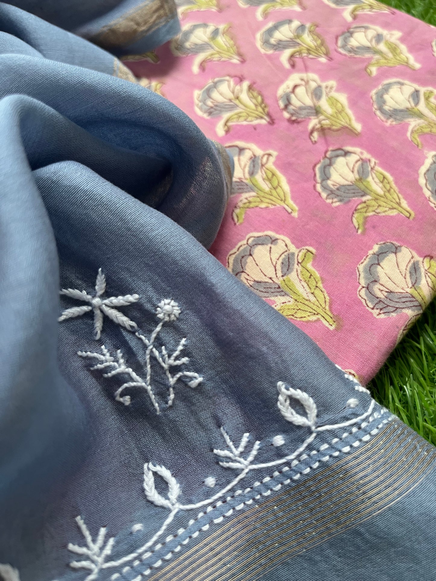 Chanderi Chikankari Dupatta with print kurta bottom Fabric