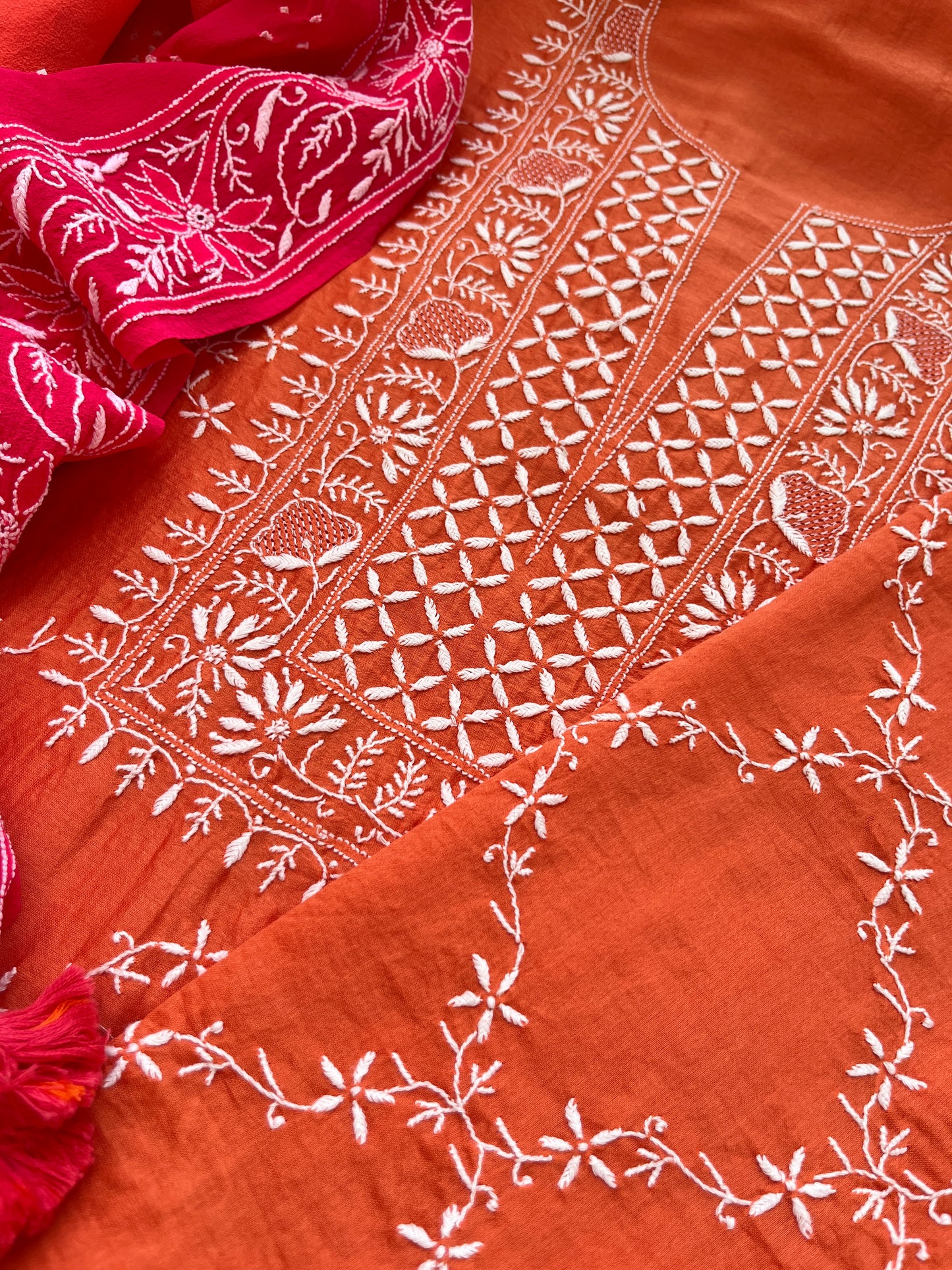 Chanderi Chikankari kurta with georgette dupatta