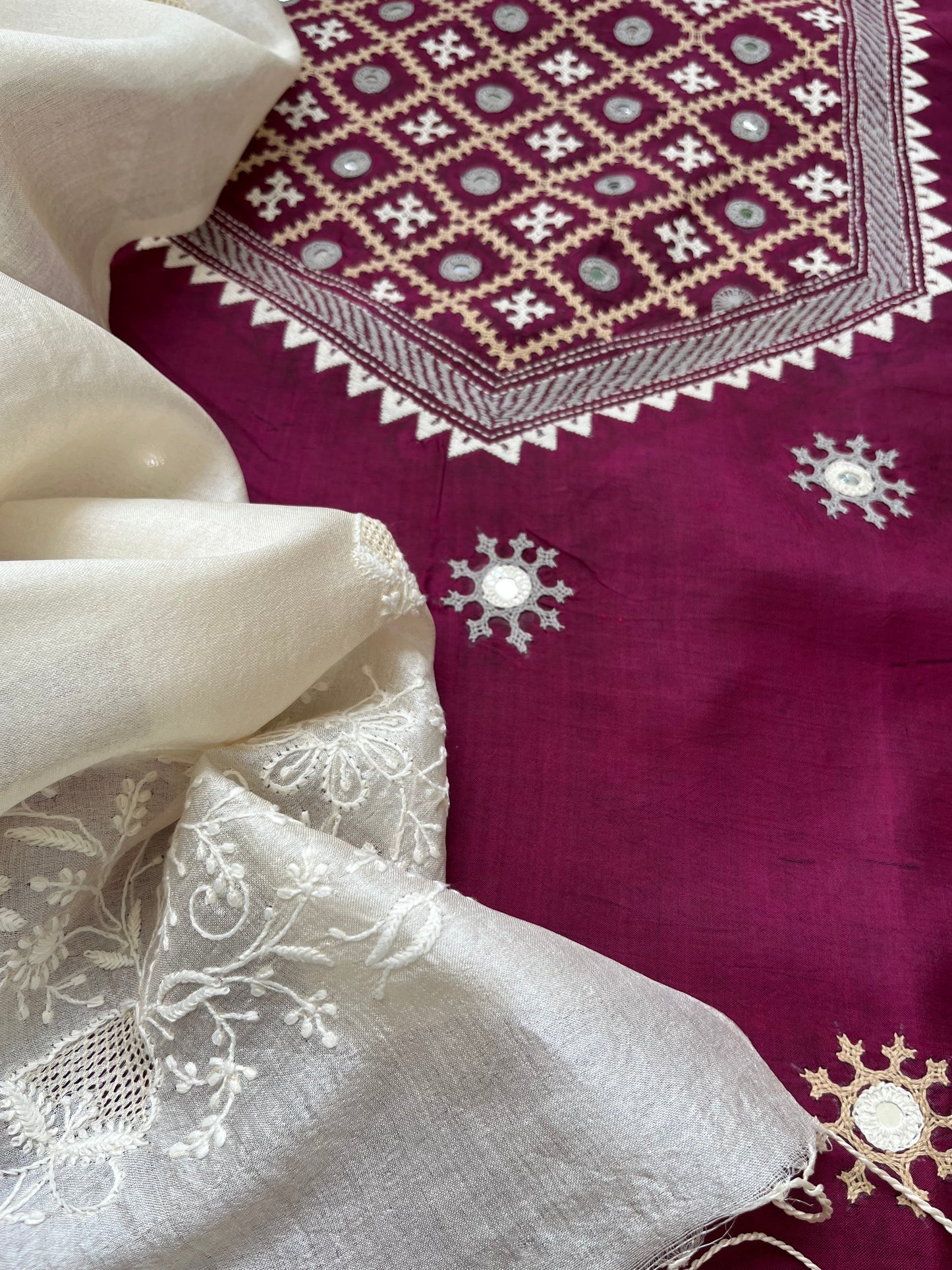 Silk sindhi work kurta fabric with silk chikankari dupatta