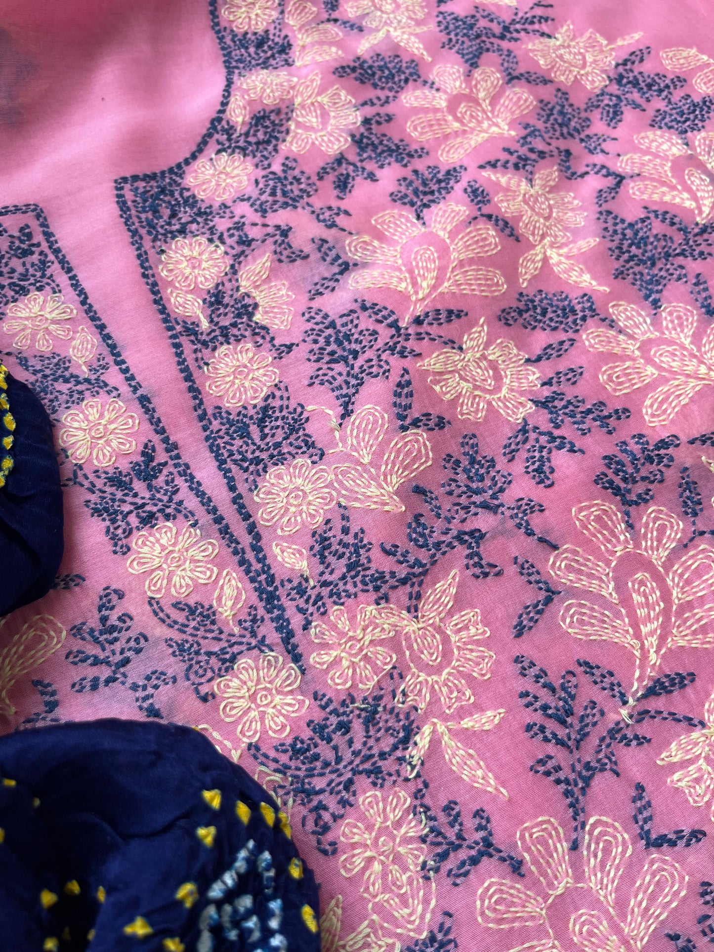Chanderi Chikankari Kurta gajji silk bandhani Dupatta