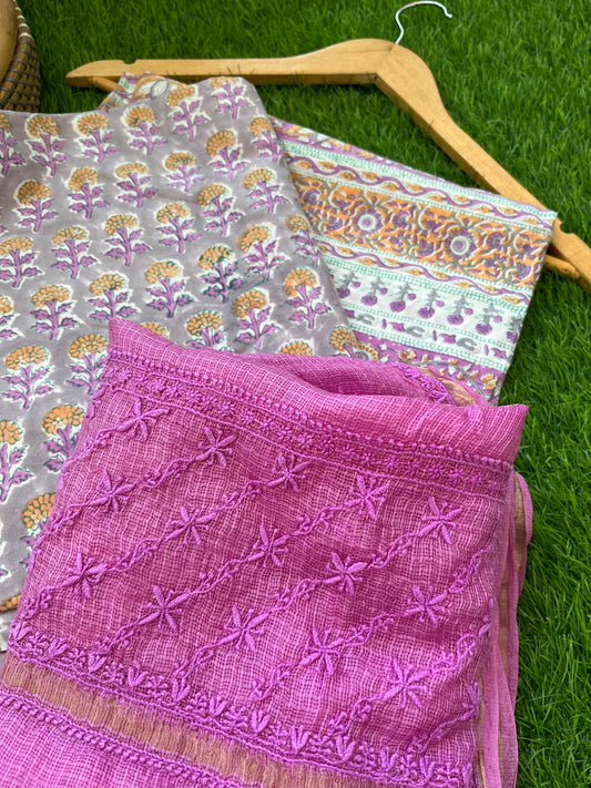 रोज़ाना  :Chanderi Chikankari Dupatta with cotton block print kurta bottom Fabric
