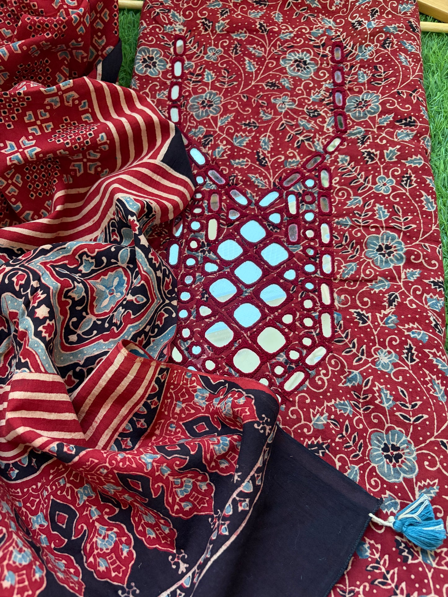 Ajrakh Cotton Mirror work kurta Dupatta