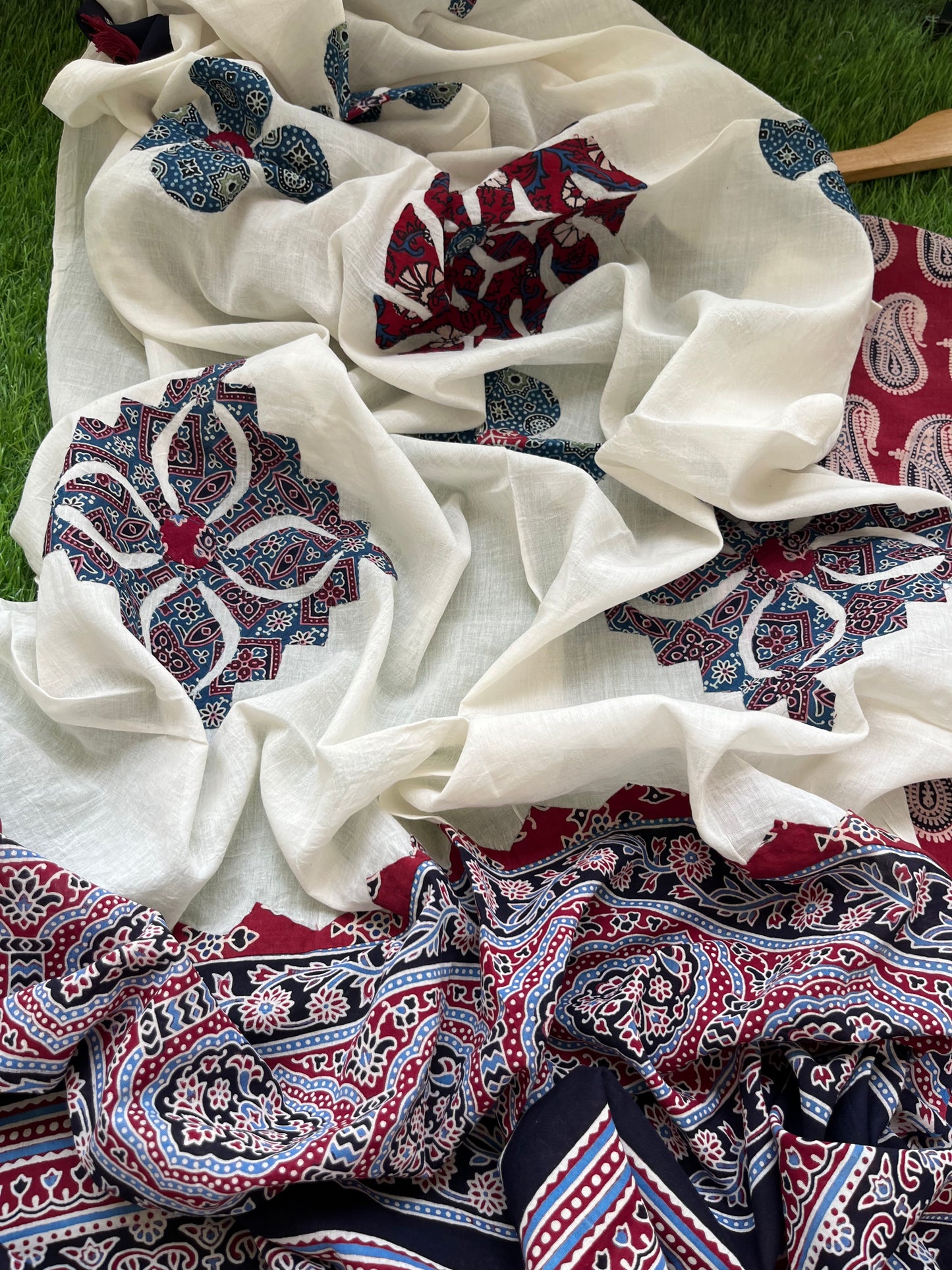 Cotton ajrakh kurta applique work dupatta set