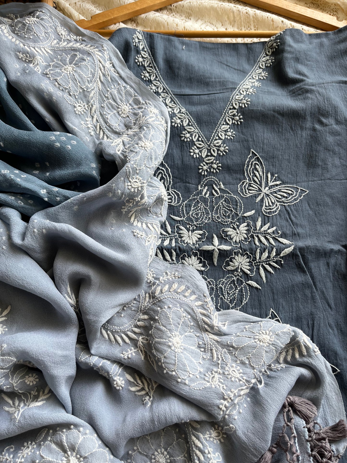 Chanderi Chikankari kurta with tussar dupatta
