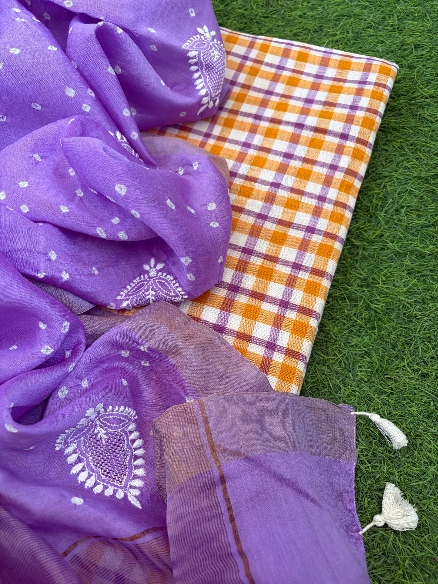 Khadi check kurta bottom pure chanderi bandhani chikankari dupatta