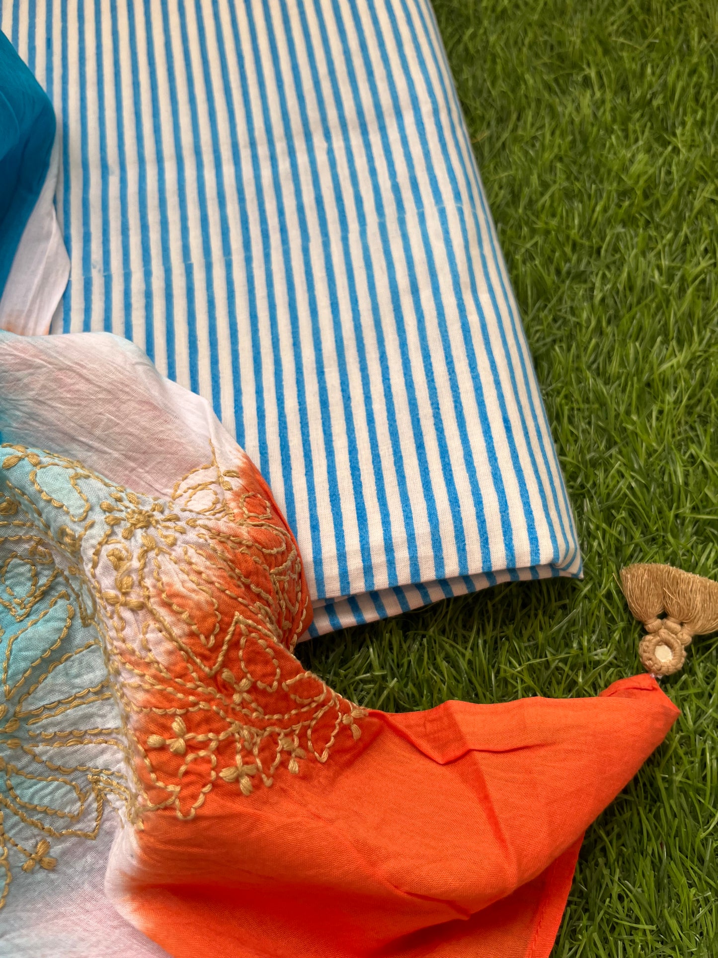 Cotton block print kurta bottom chikankari dupatta