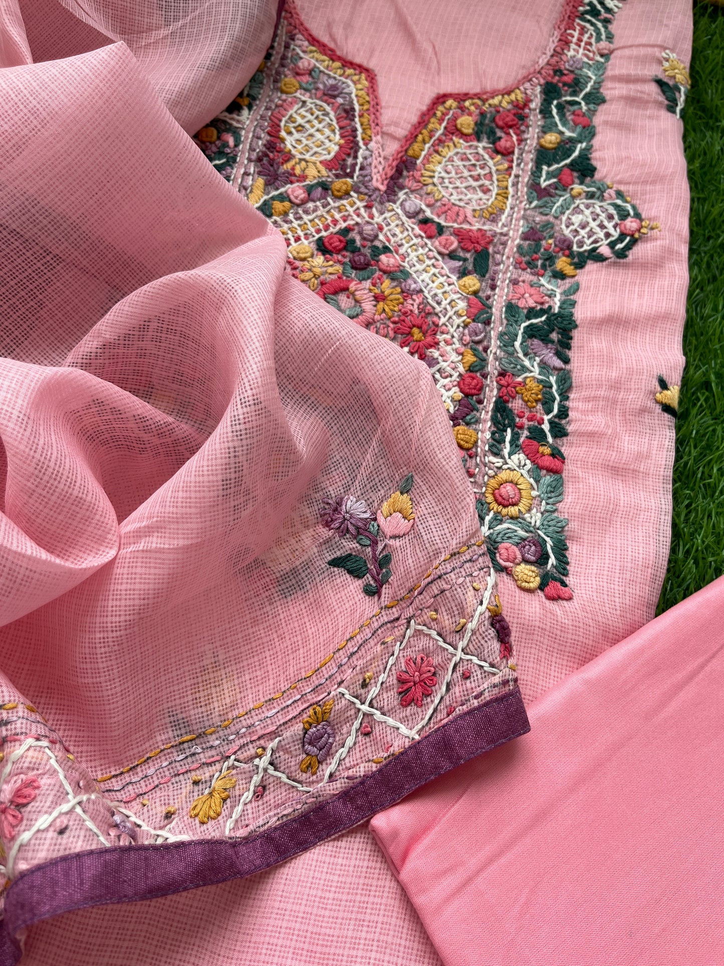 Kota hand embroidered kurta dupatta and plain bottom fabric