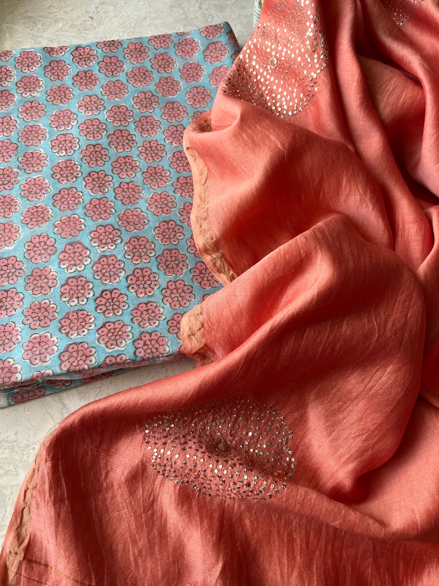 Chanderi Mukaish work Dupatta block print chanderi kurta fabric