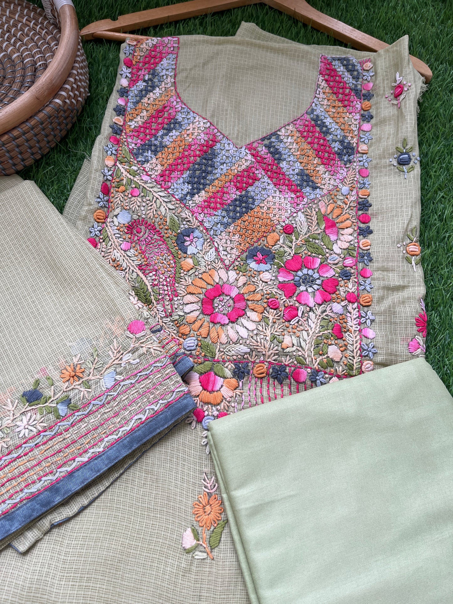 Kota hand embroidered kurta dupatta and plain bottom fabric