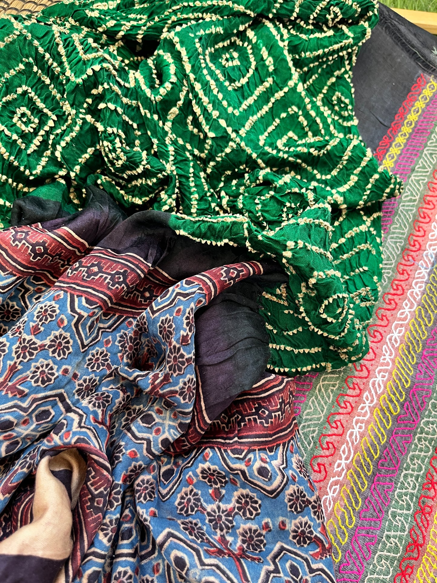 Silk kantha work kurta fabric with Bandhani ajrakh dupatta