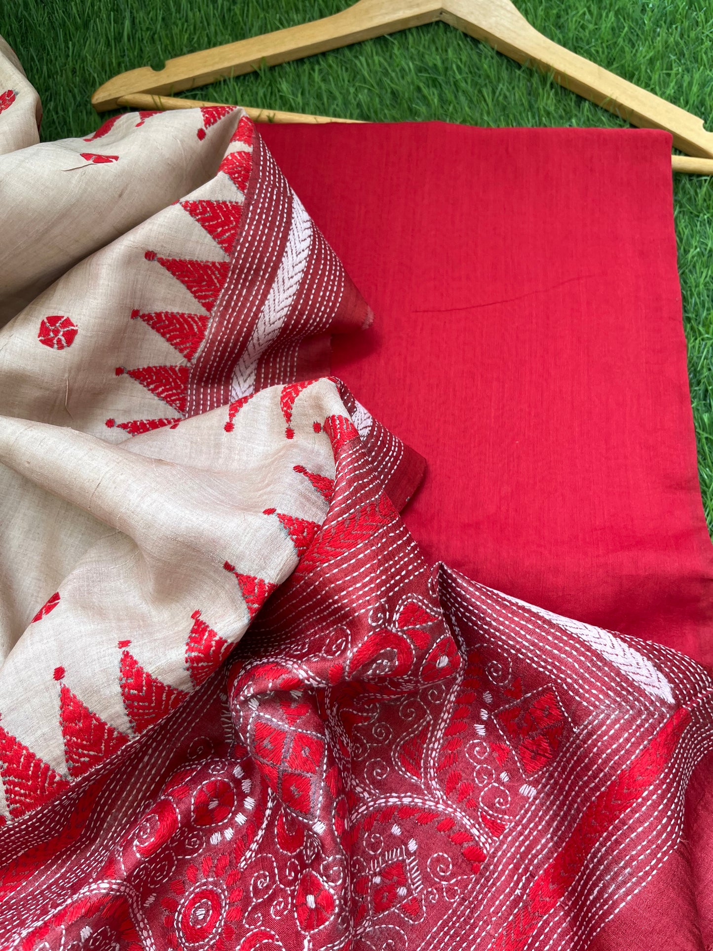 Silk Kantha Dupatta with chanderi silk kurta Bottom fabric