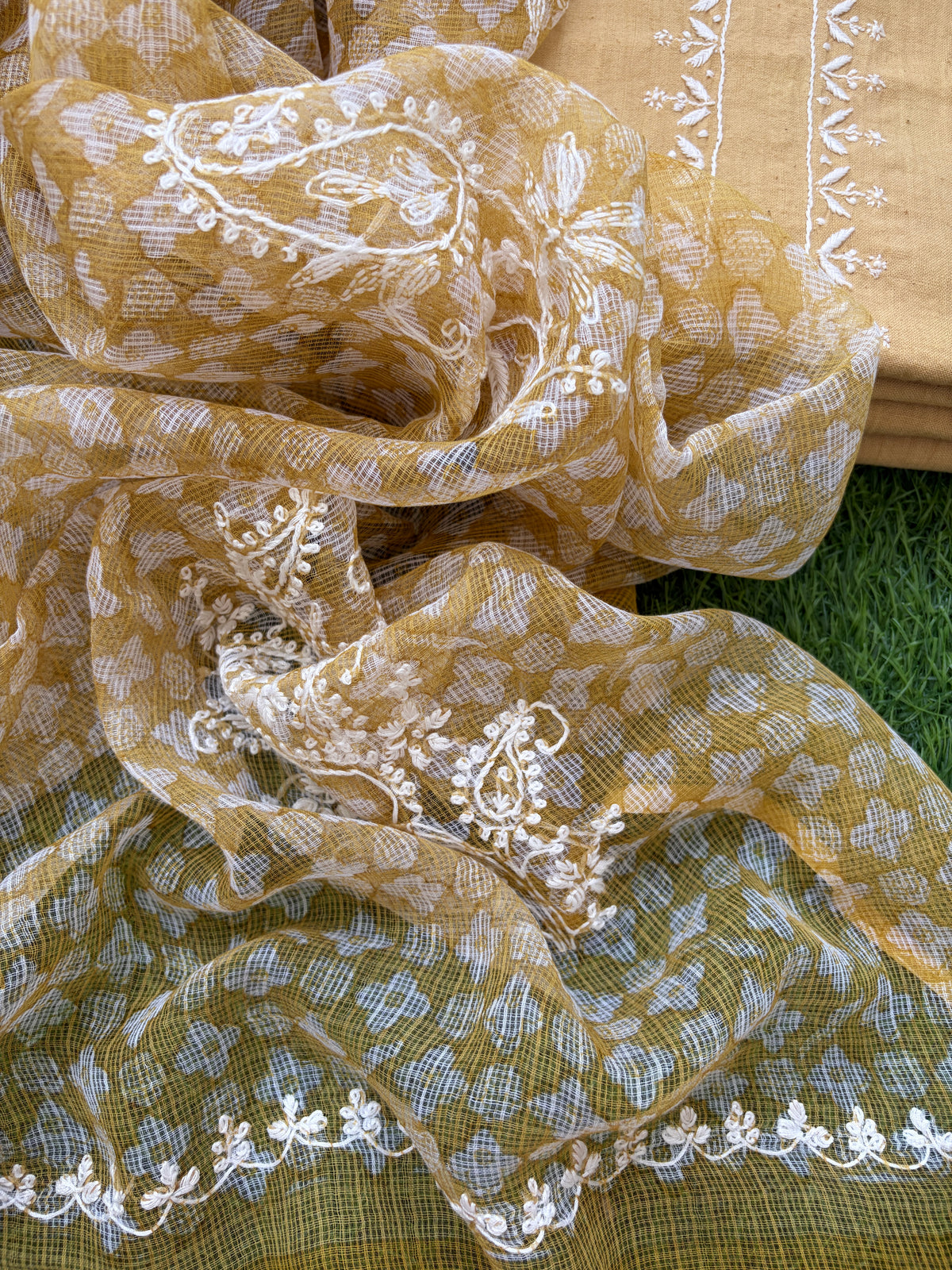 Handwoven khadi Cotton kurta mul chikankari dupatta