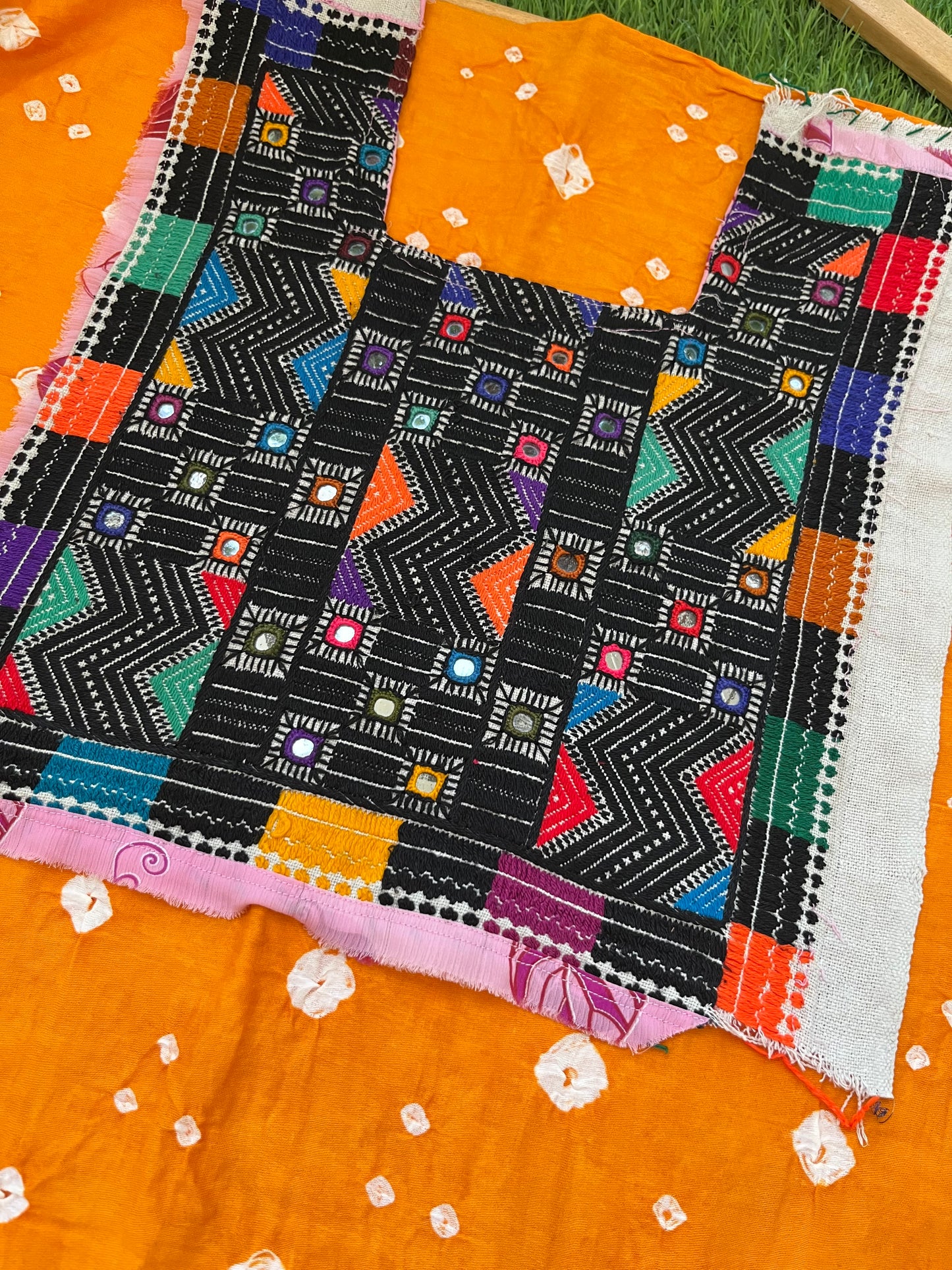 Mirror work patch with bandhani kurta fabric