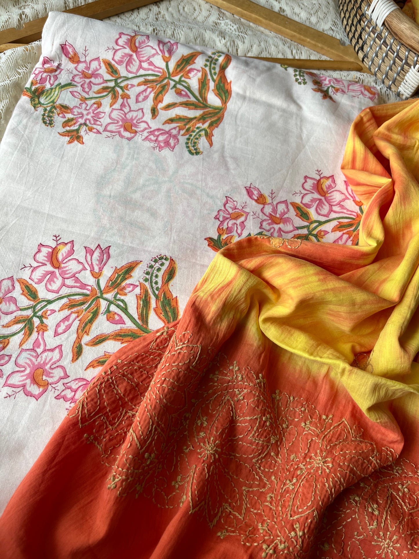 Cotton block print kurta chikankari dupatta