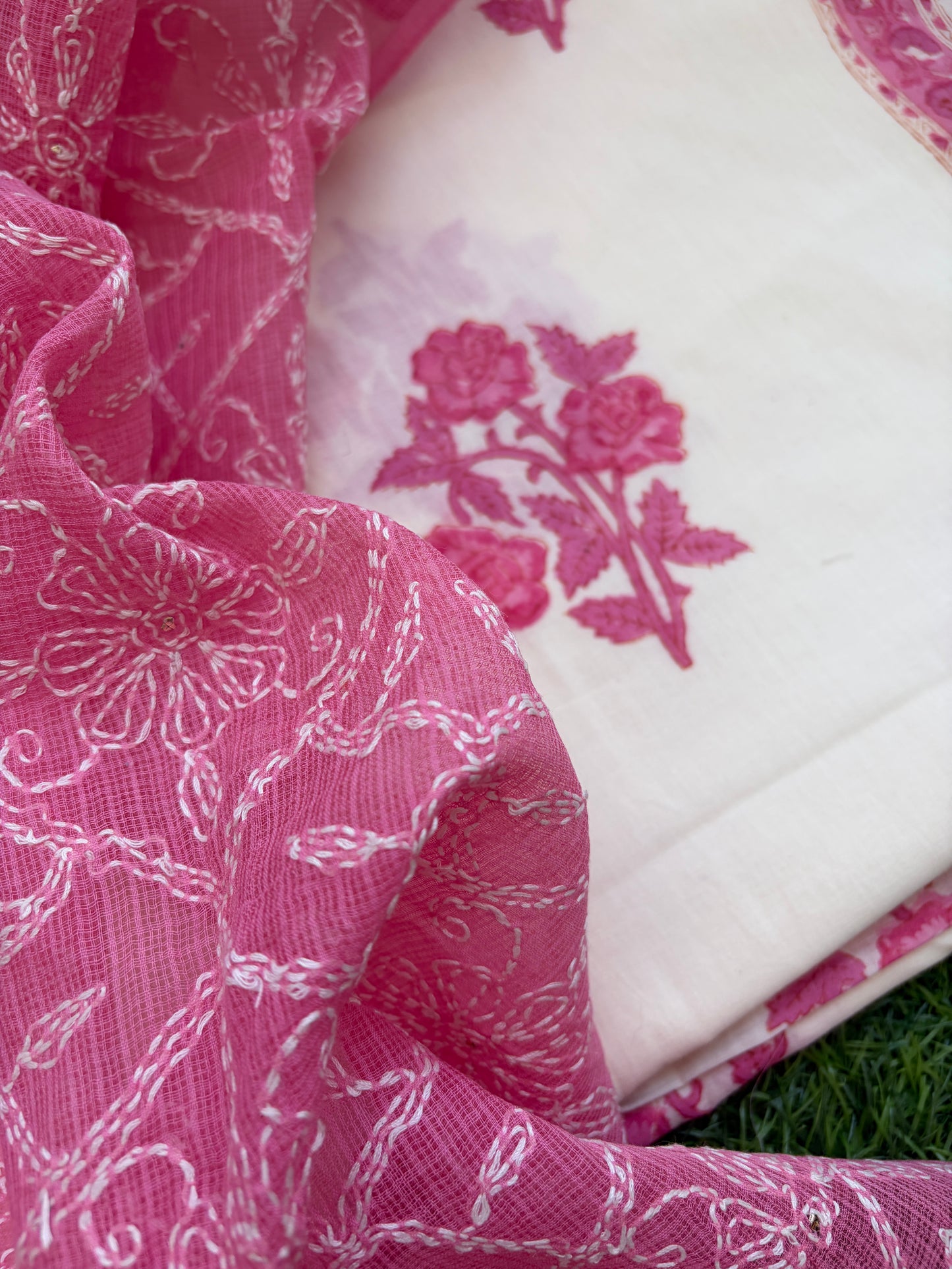 Cotton kurta bottom Kota Doria chikankari dupatta
