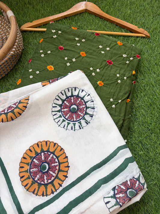 Cotton bandhani kurta bottom block print dupatta