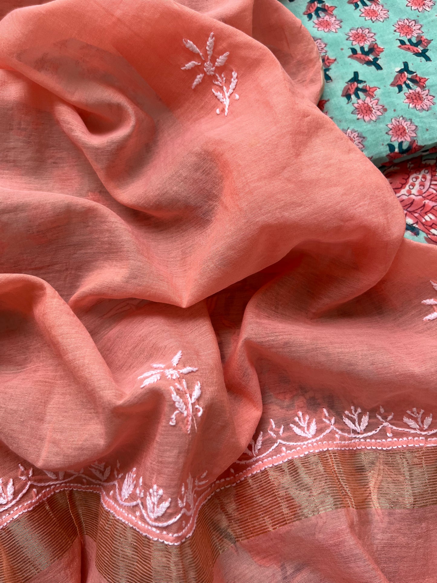 Chanderi Chikankari Dupatta with print kurta bottom Fabric