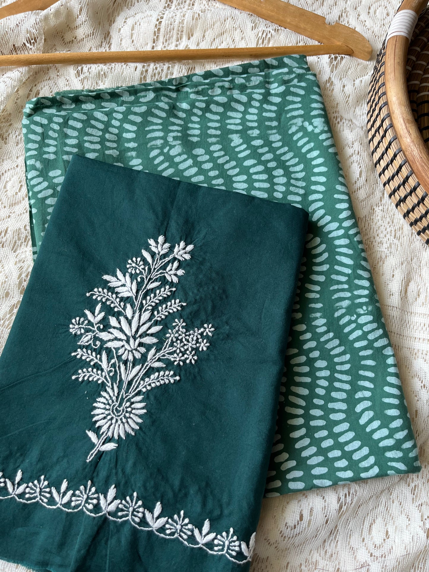 Cotton chikankari Bottom with a baatik kurta fabric