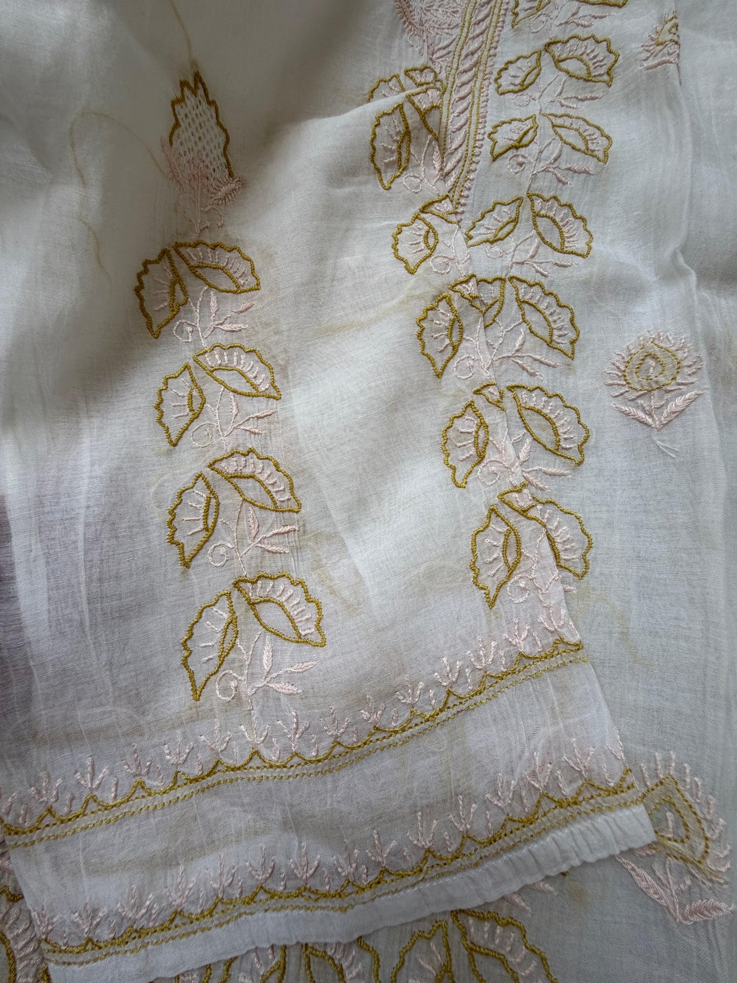 Semi stitched Chanderi Chikankari Kurta Dupatta