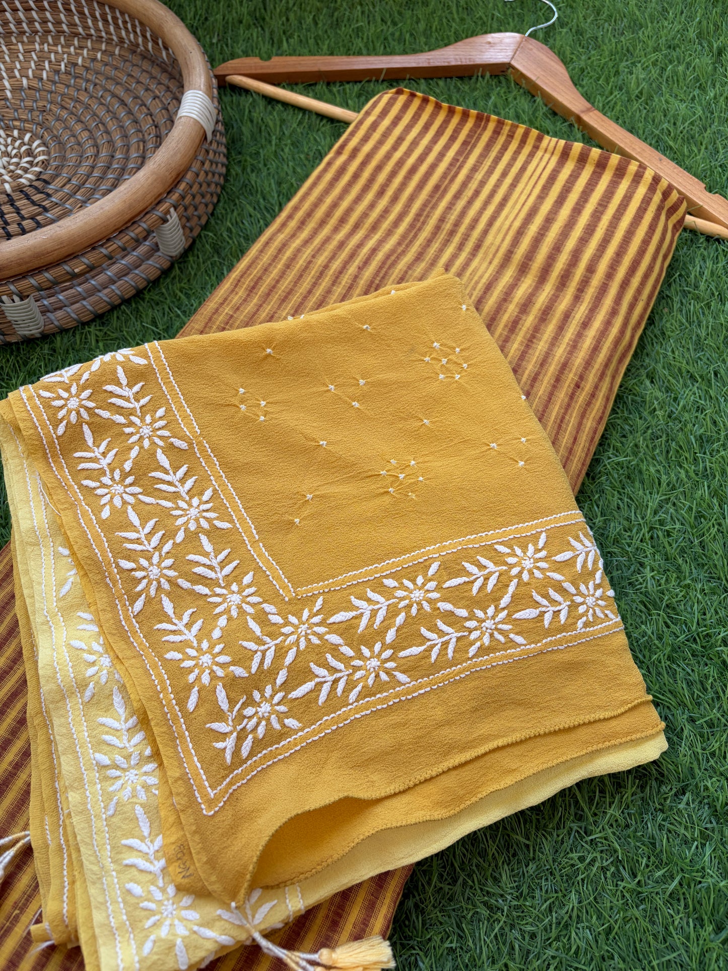 Khadi kurta bottom pure georgette chikankari bandhani dupatta